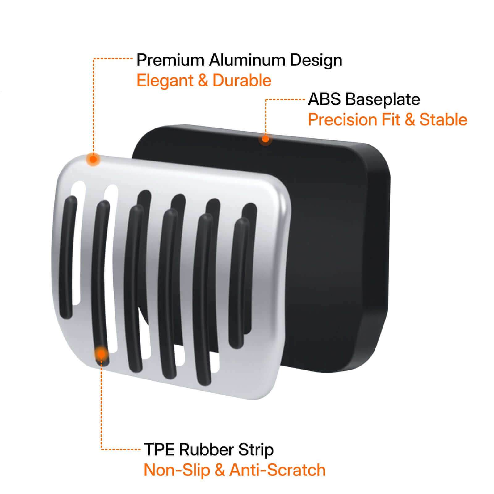 Close-up of aluminum alloy non-slip textured accelerator brake pedal covers showing premium design features