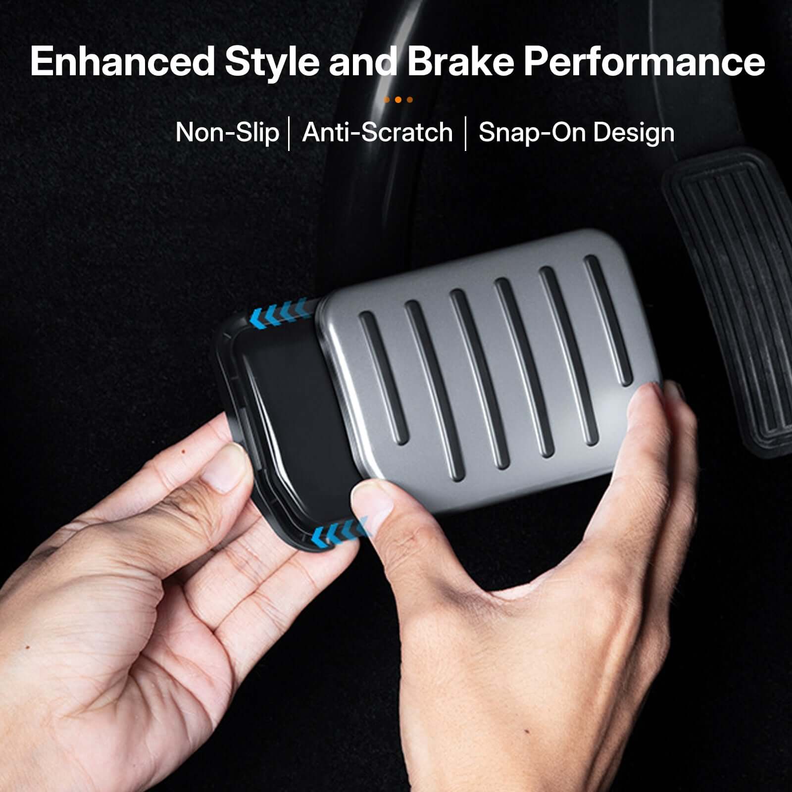Aluminum Alloy Non-Slip Textured Accelerator Brake Pedal Covers for Tesla Model Y showing snap-on design functionality