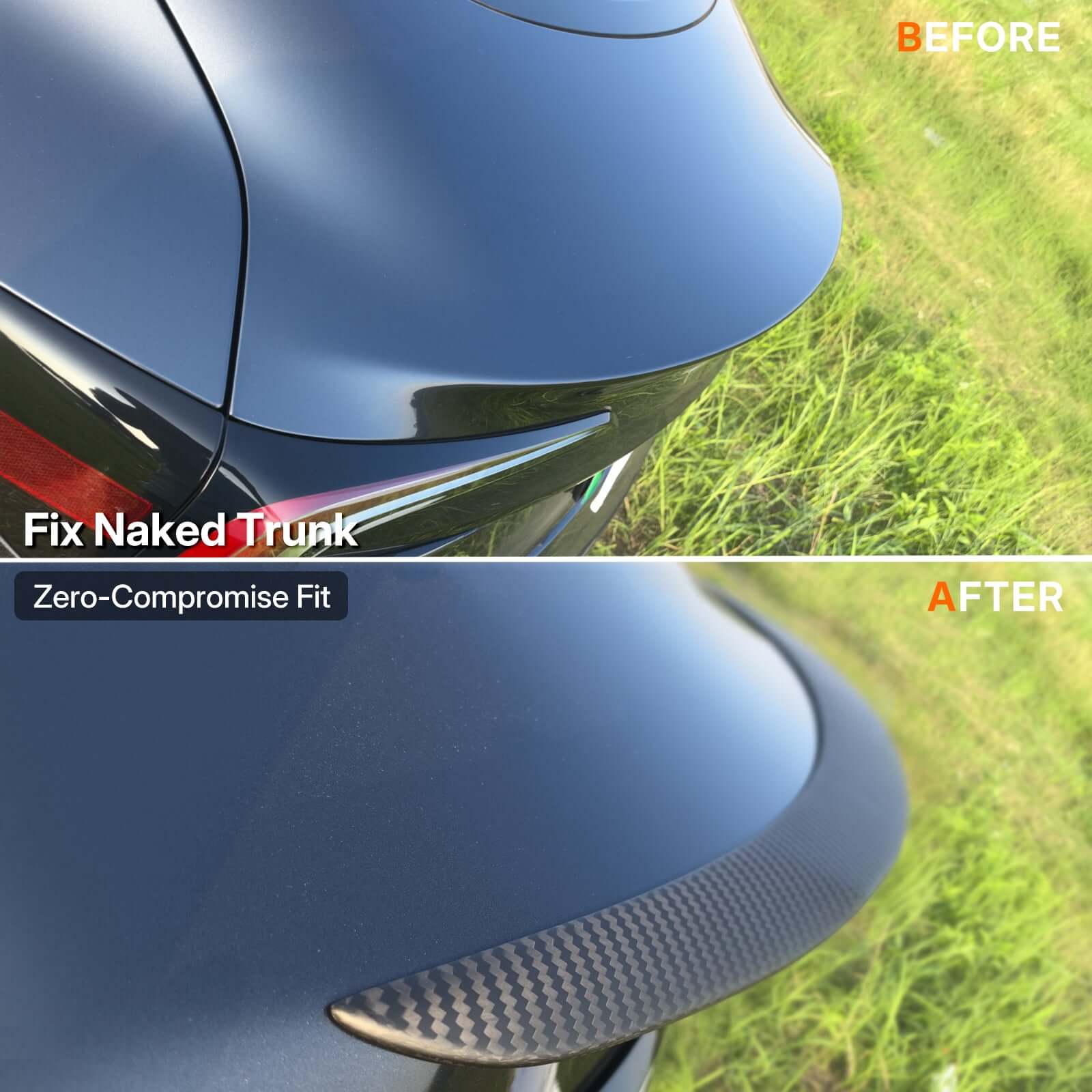 Before and after Real Dry Carbon Spoiler for Tesla Model 3 Highland 2024 installation fixing naked trunk with zero-compromise fit.