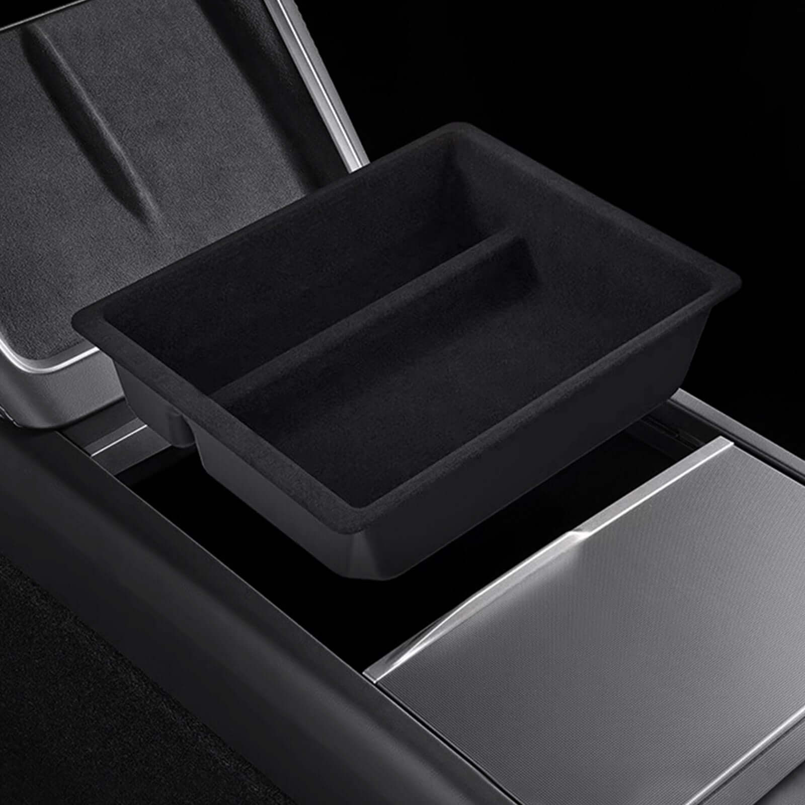 Close-up of velvet storage tray for Tesla Model 3 Highland 2024 & Model Y Juniper 2025 showing dual compartments