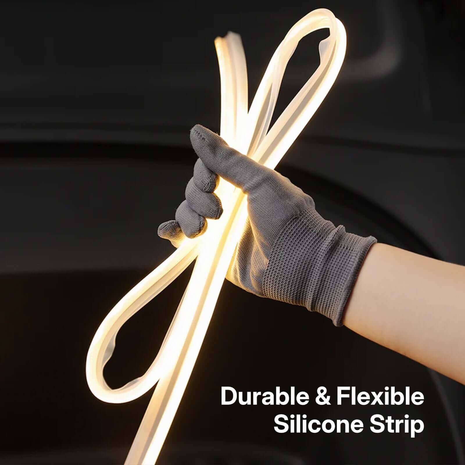 Close-up of durable and flexible silicone strip from Tesla Model 3 / 3 Highland Frunk Light Pro demonstration