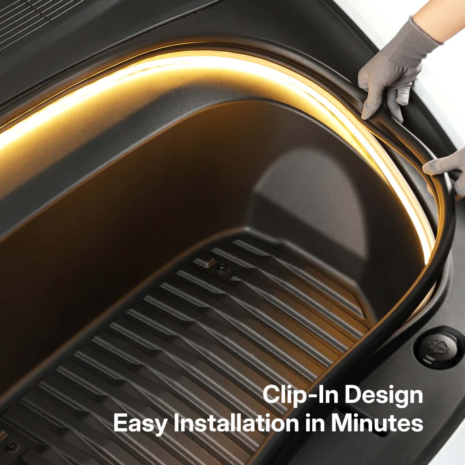 Close-up of Tesla Model 3 2024 Frunk Light Pro clip-in installation detail showing LED strip glow