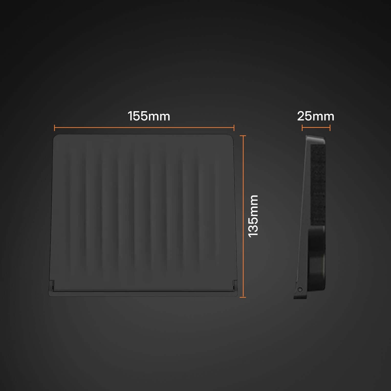 Tesla Model Y Juniper 2025 / Model 3 Highland 2024 Magnetic Armrest Organizer dimensions showing 155mm x 135mm x 25mm