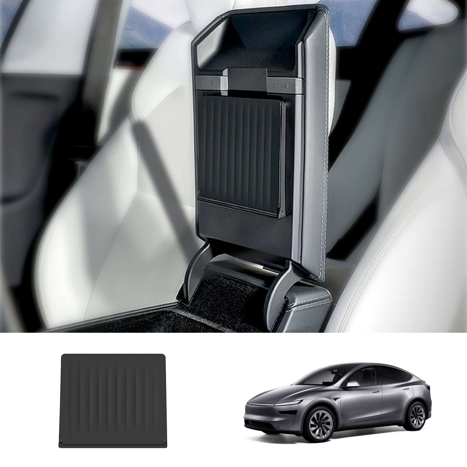 Tesla Model 3 Highland 2024 & Model Y Juniper 2025 Magnetic Armrest Organizer in sleek black showing hidden storage functionality