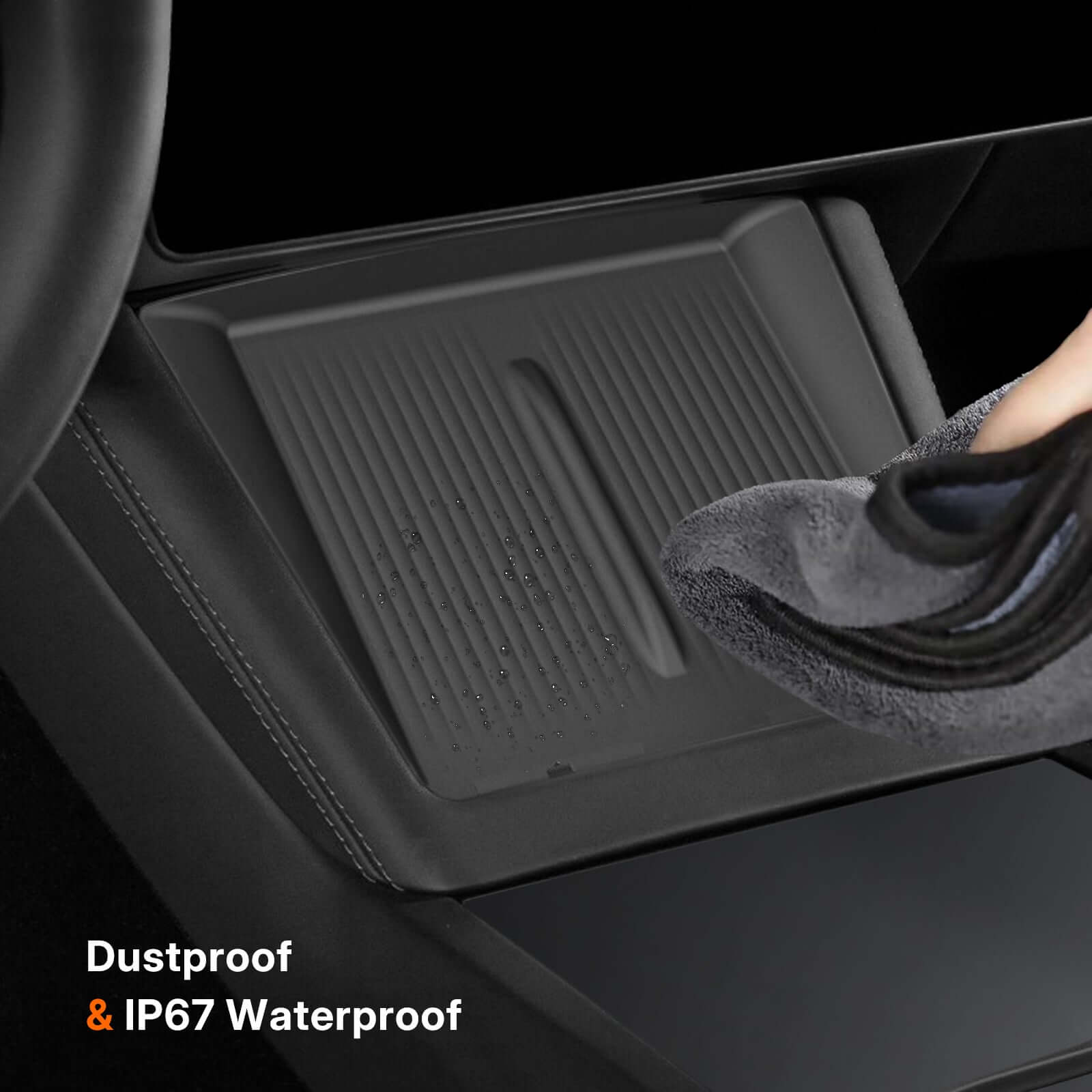 Tesla Model Y Juniper 2025 & Model 3 Highland console wireless charging pad showing dustproof and IP67 waterproof features in use