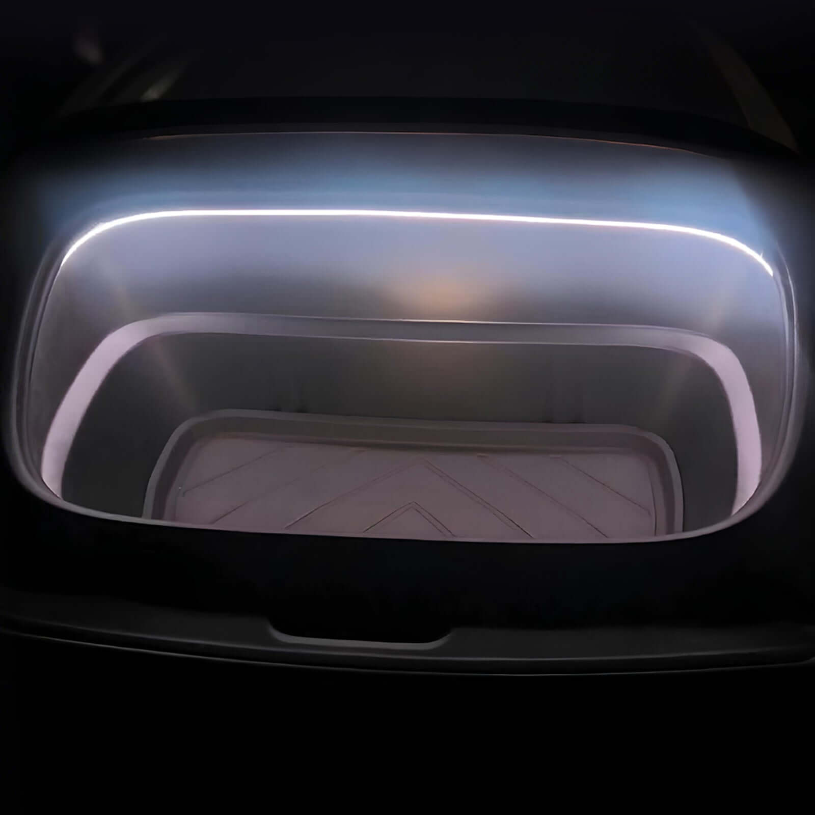 Tesla Model Y Juniper Frunk Light Pro app-controlled LED strip illuminating frunk interior with dynamic ambiance