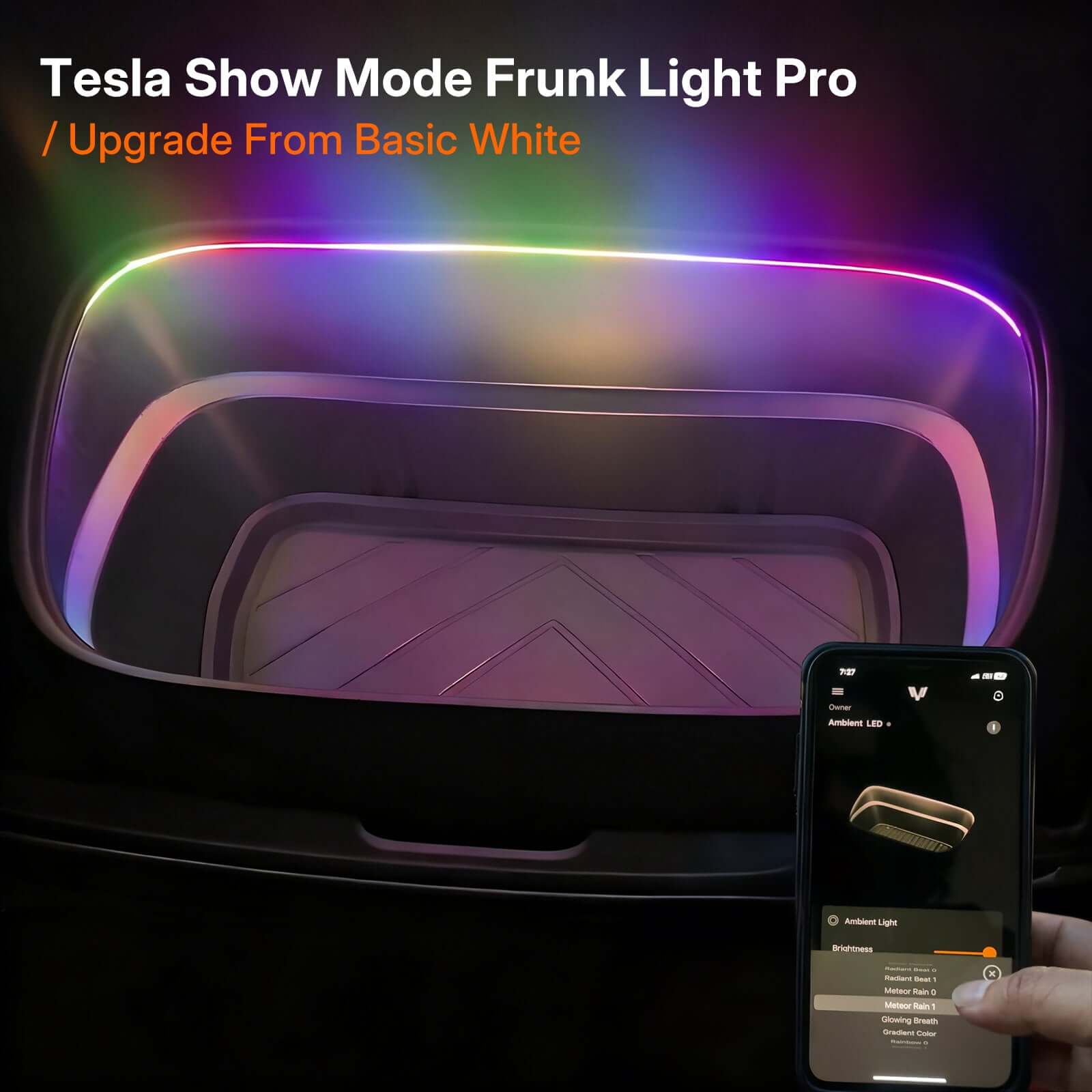 Tesla Model Y Juniper Frunk Light Pro app control showing vibrant color transition from basic white