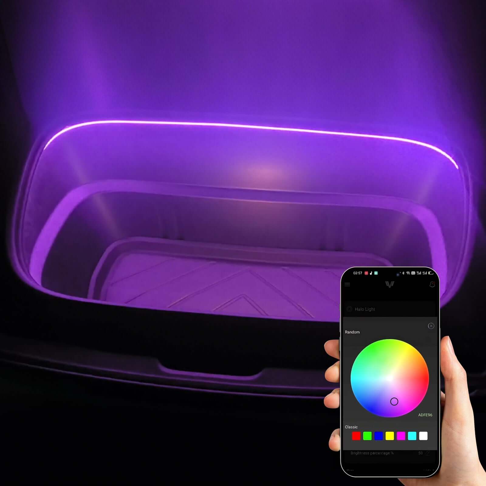 Tesla Model Y Juniper Frunk Light Pro app control interface showing RGBIC color customization features