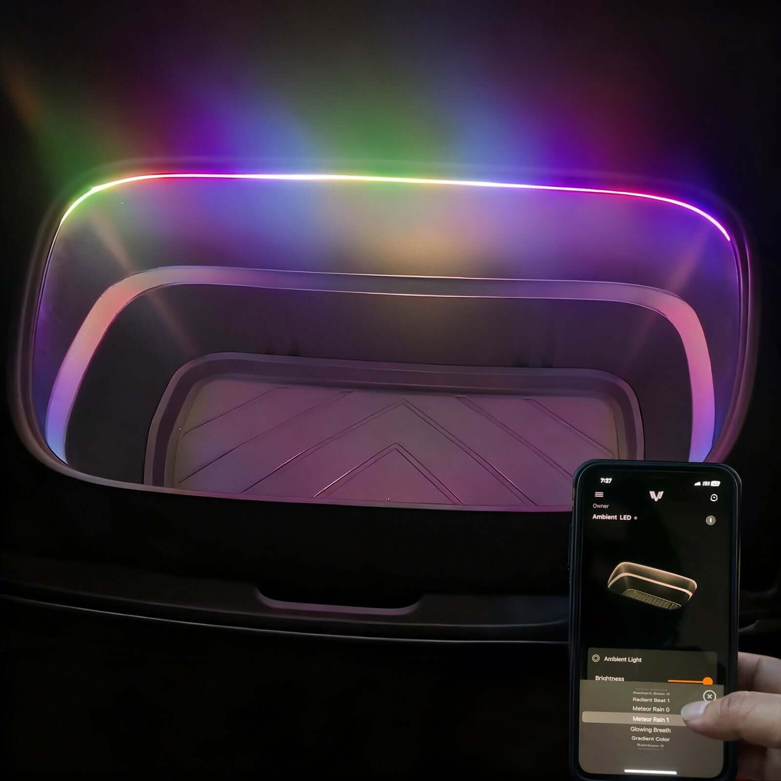 Tesla Model Y Juniper Frunk Light Pro app control interface showing ambient light customization