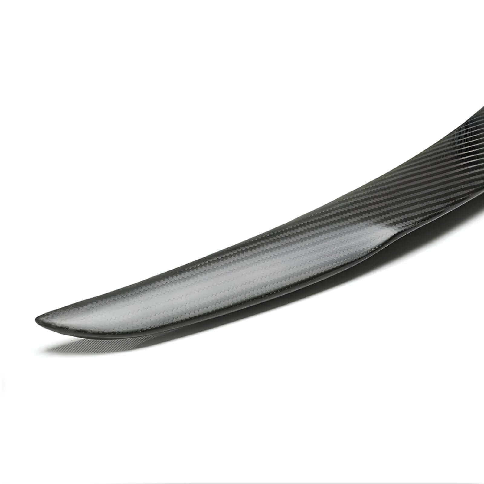 Close-up of Real Dry Carbon Spoiler for Tesla Model 3 Highland 2024 showing premium carbon fiber texture