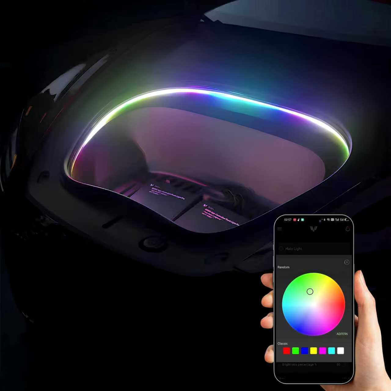 Tesla Model 3 2021 frunk light app control showing dynamic RGBIC color change