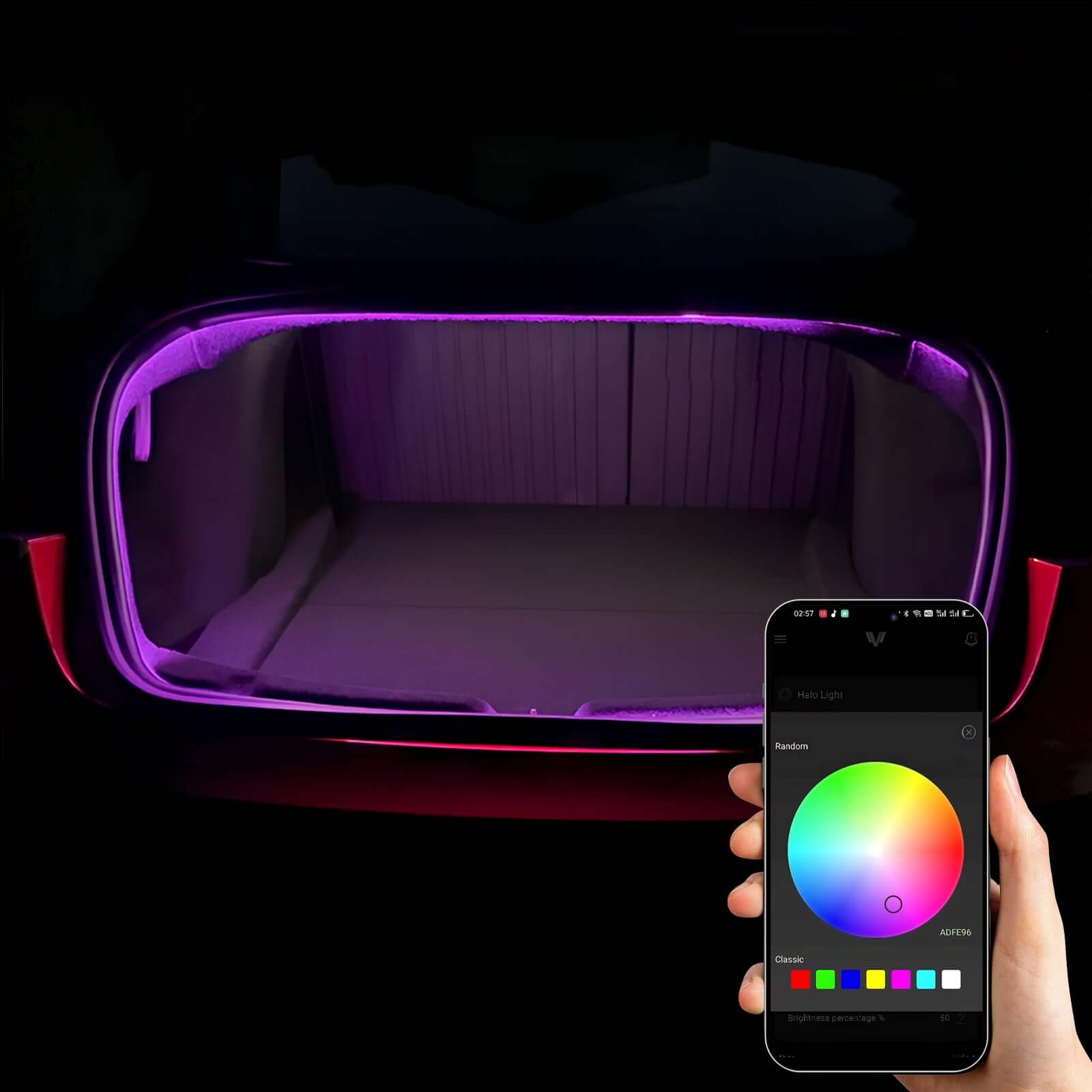 Tesla Model 3 Highland Trunk Light Pro app control interface showing color customization options for LED strip