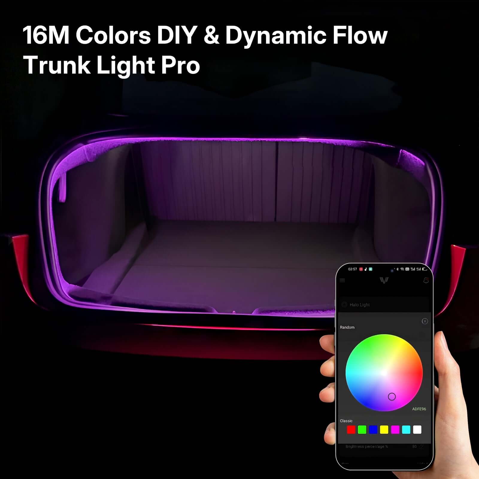 Tesla Model 3 Highland Trunk Light Pro app control showing 16M colors and dynamic flow features