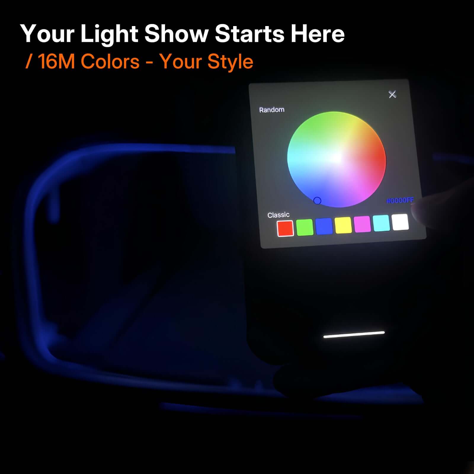 Tesla Model 3 2021 Trunk Light Pro app control interface showing 16 million color options