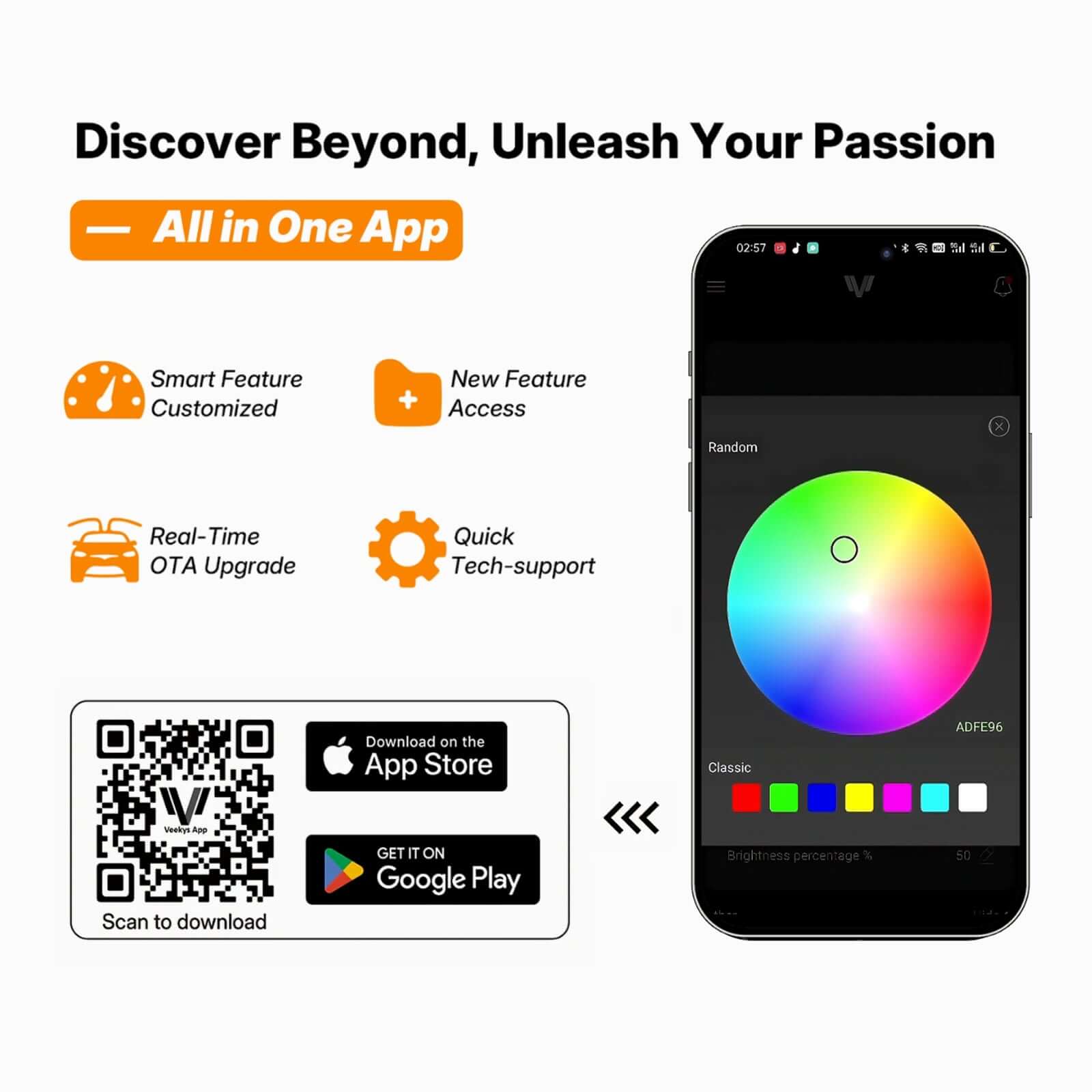 Tesla Model 3 / 3 Highland Trunk Light Pro app control interface showing RGBIC color customization options