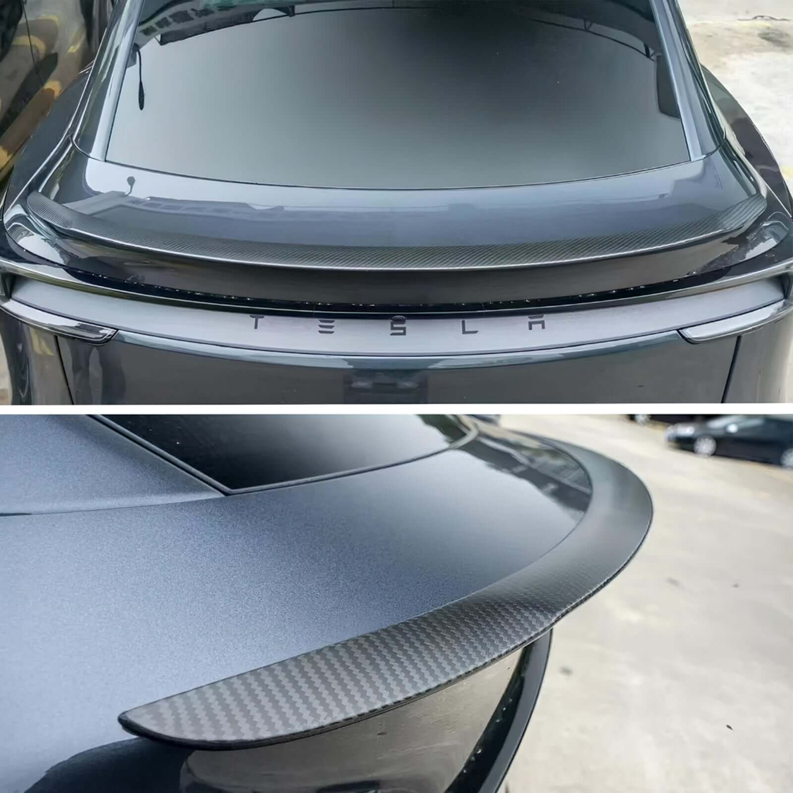 Top view of Real Dry Carbon Spoiler for Tesla Model Y Juniper 2025 showcasing OEM quality and aerodynamic design