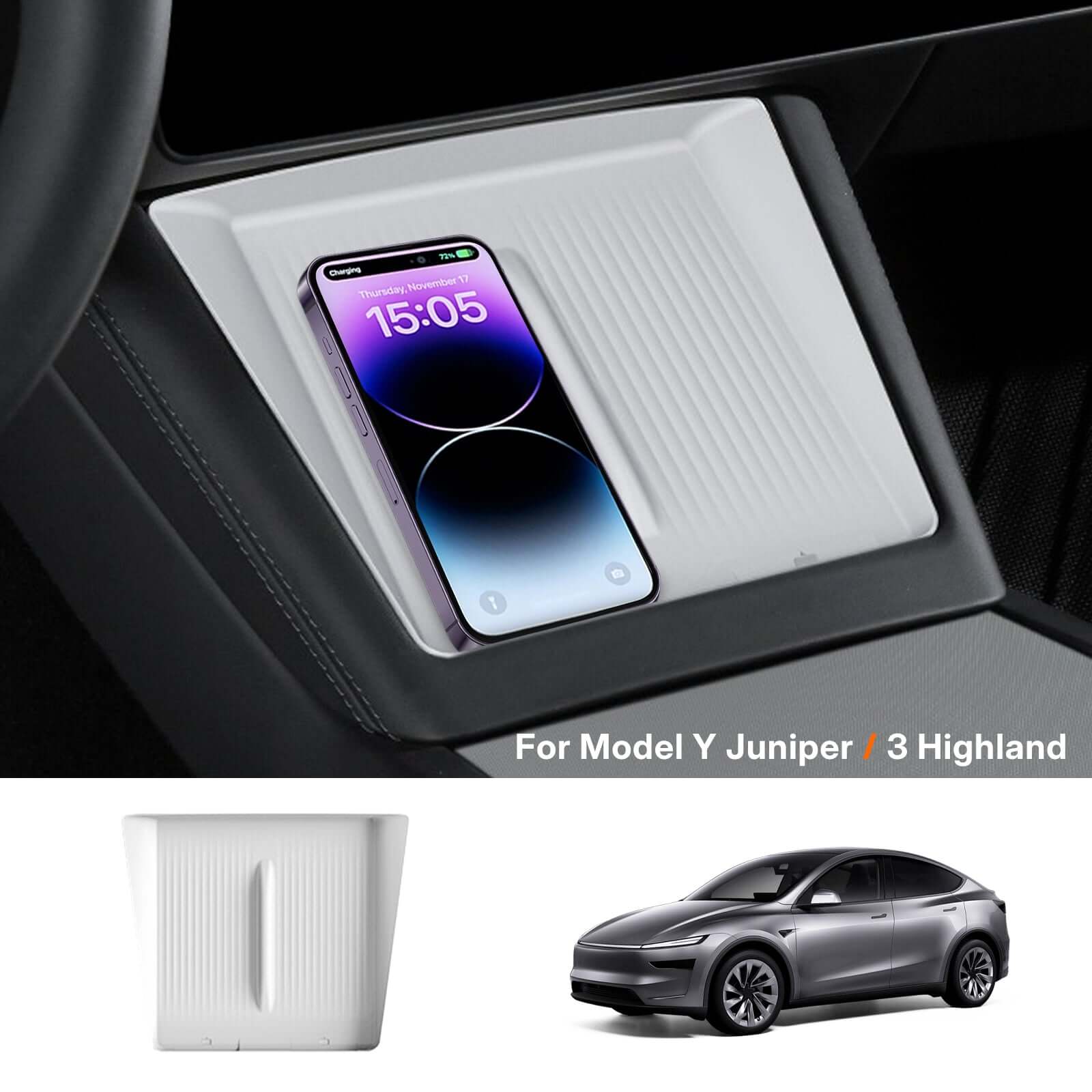 Tesla Model Y Juniper 2025 & Model 3 Highland console wireless charging pad showing 15W fast charging with smartphone