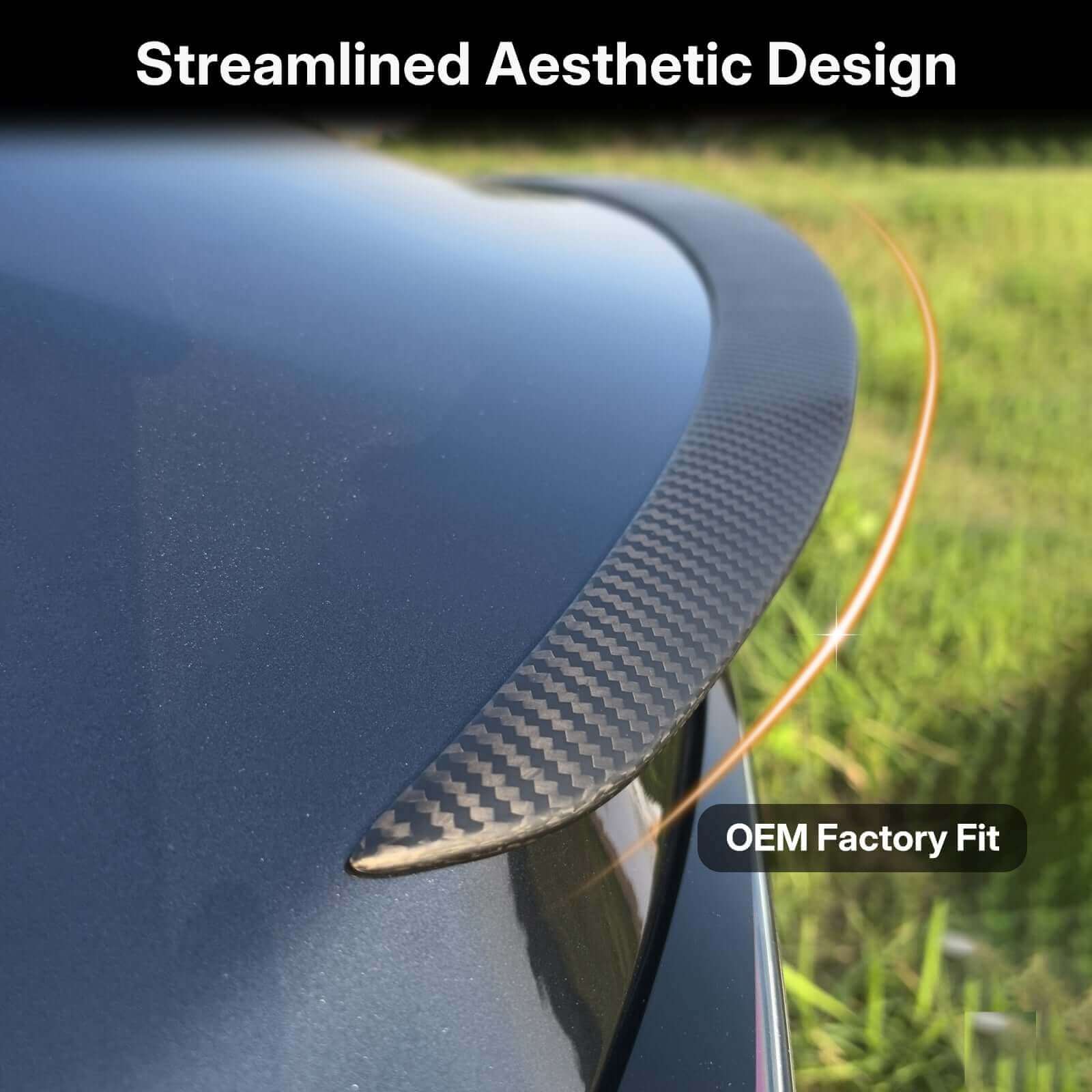 Close-up of Real Dry Carbon Spoiler for Tesla Model 3 Highland 2024 showing streamlined design and OEM factory fit