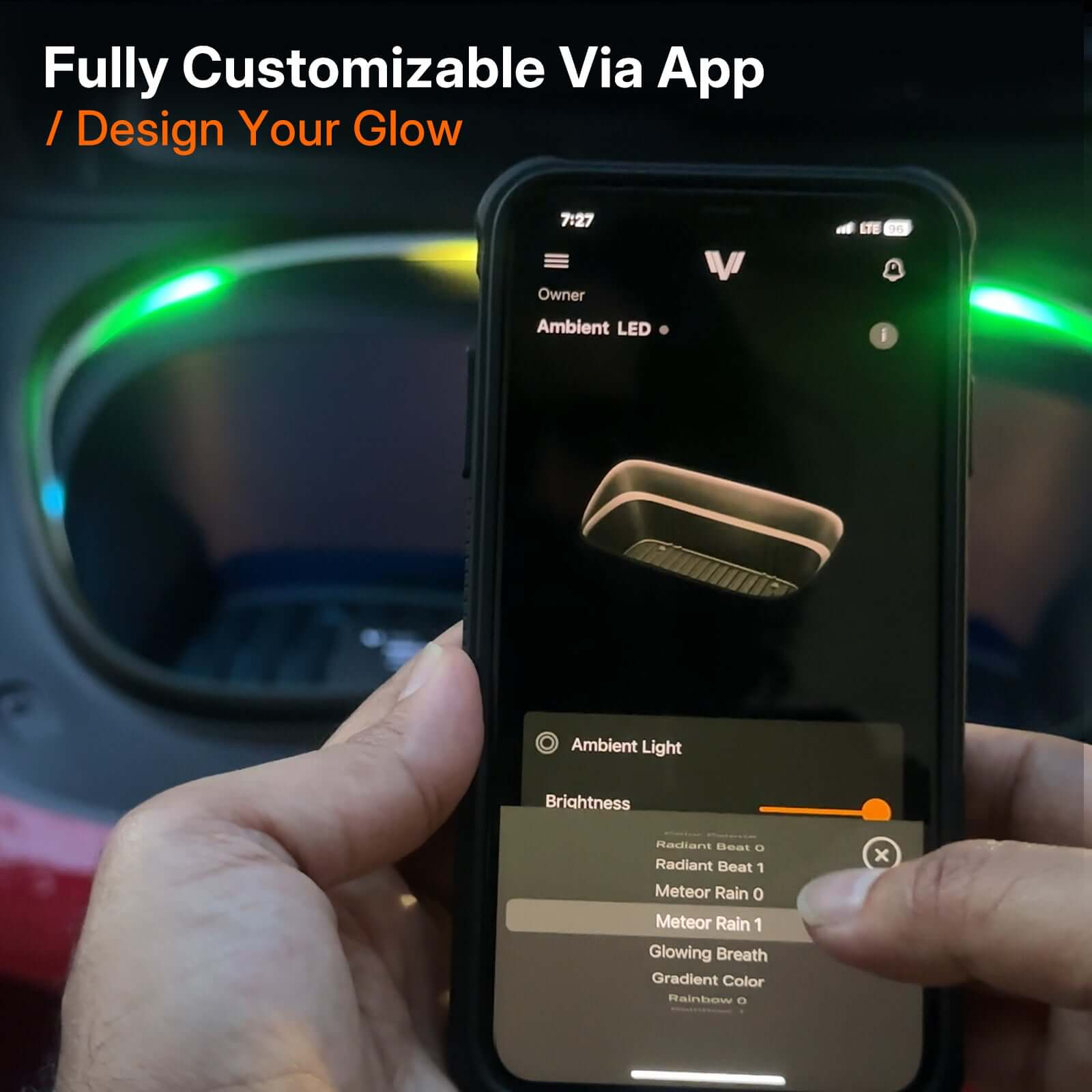 Tesla Model 3 / 3 Highland Frunk Light Pro app control interface showing customizable ambient LED options