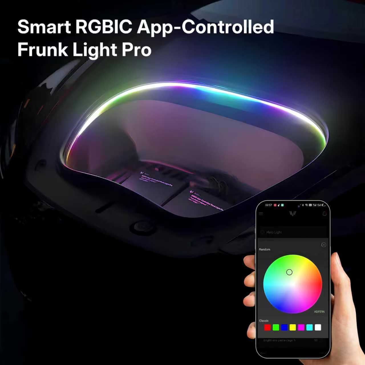 Tesla Model 3 2024 Frunk Light Pro app-controlled RGBIC LED strip with color customization on smartphone