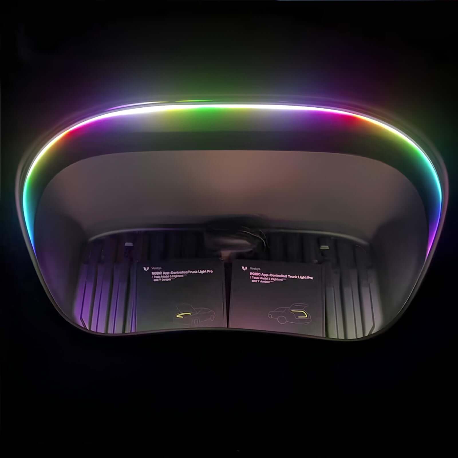 Tesla Model 3 / 3 Highland Frunk Light Pro - App-Controlled RGBIC 16M Color LED Strip in action with colorful lights