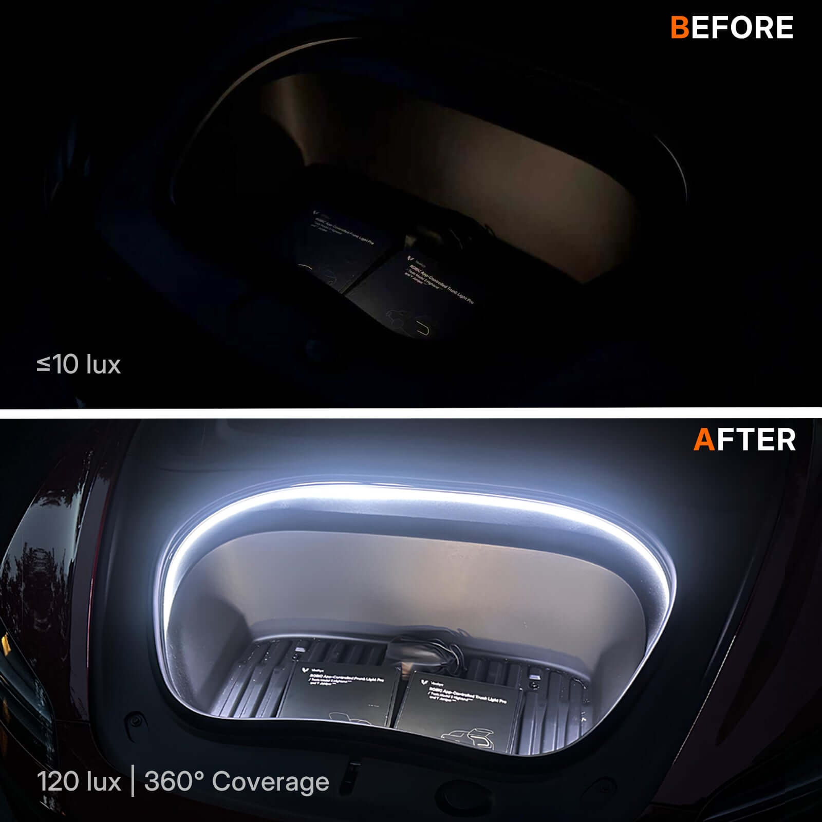 Before and after Tesla Model 3 Highland Frunk Light Pro installation showing improved illumination and 360-degree coverage