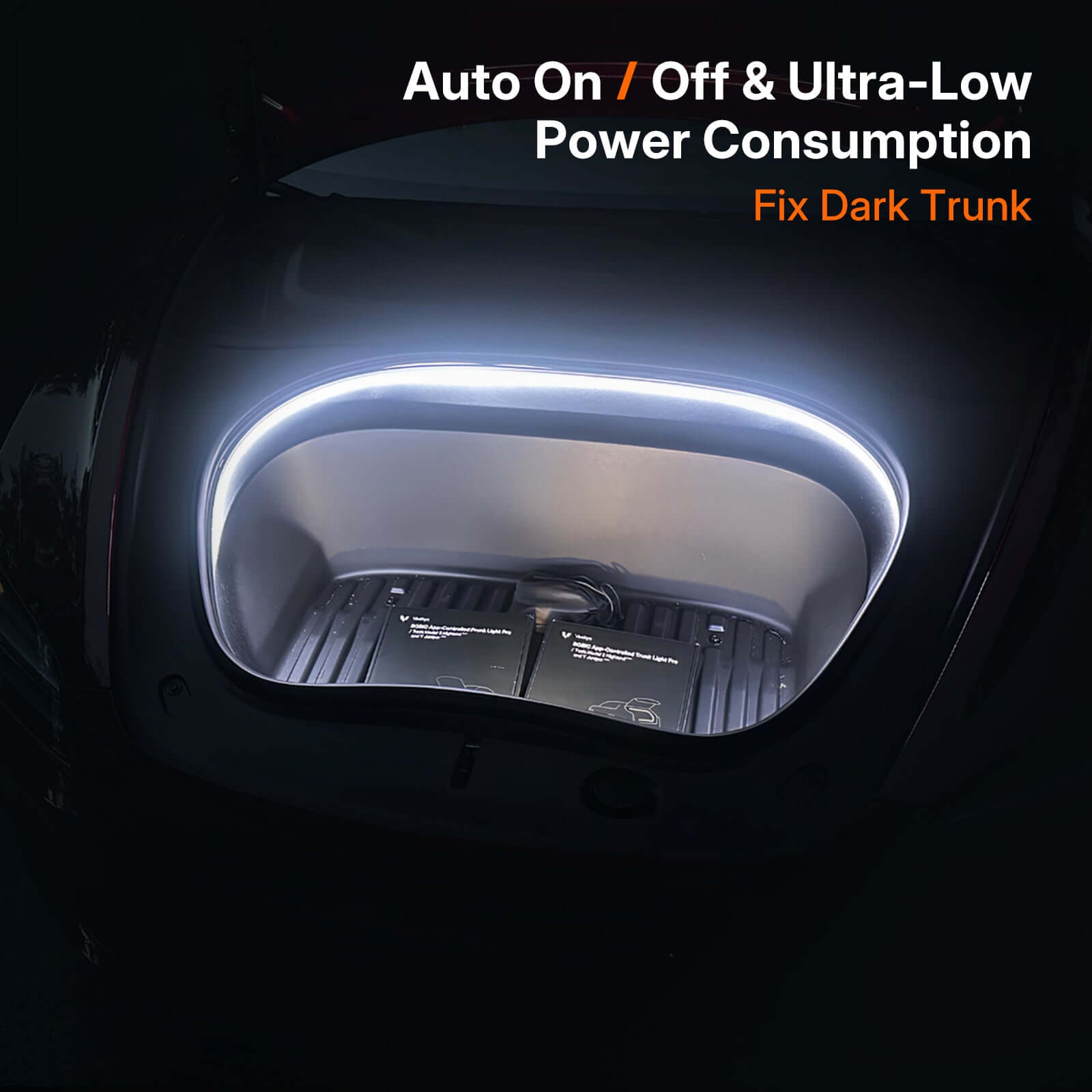 Tesla Model 3 Highland Frunk Light Pro showing ultra-low power consumption feature in dark trunk