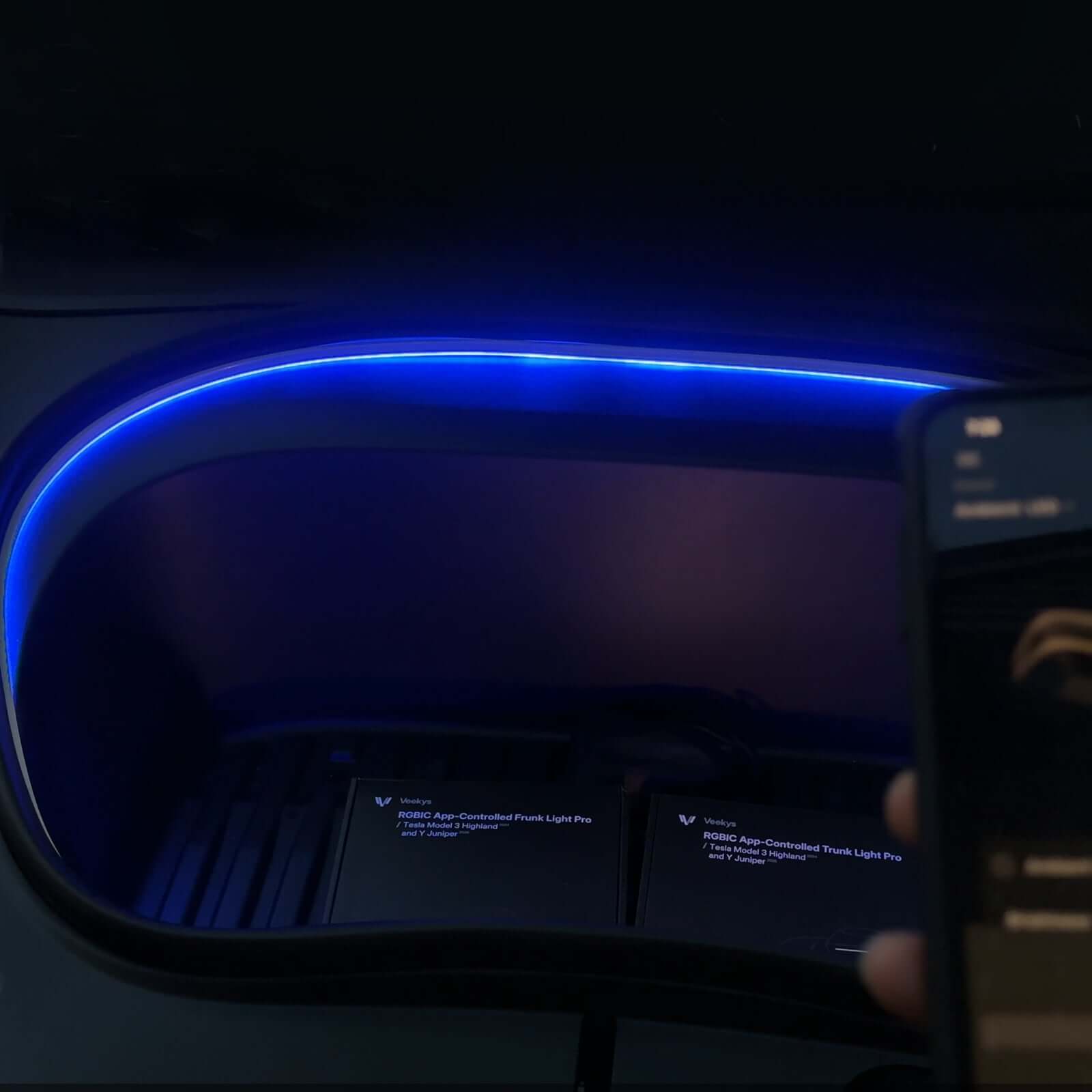 Tesla Model 3 Highland Frunk Light Pro app control interface showing ambient blue lighting