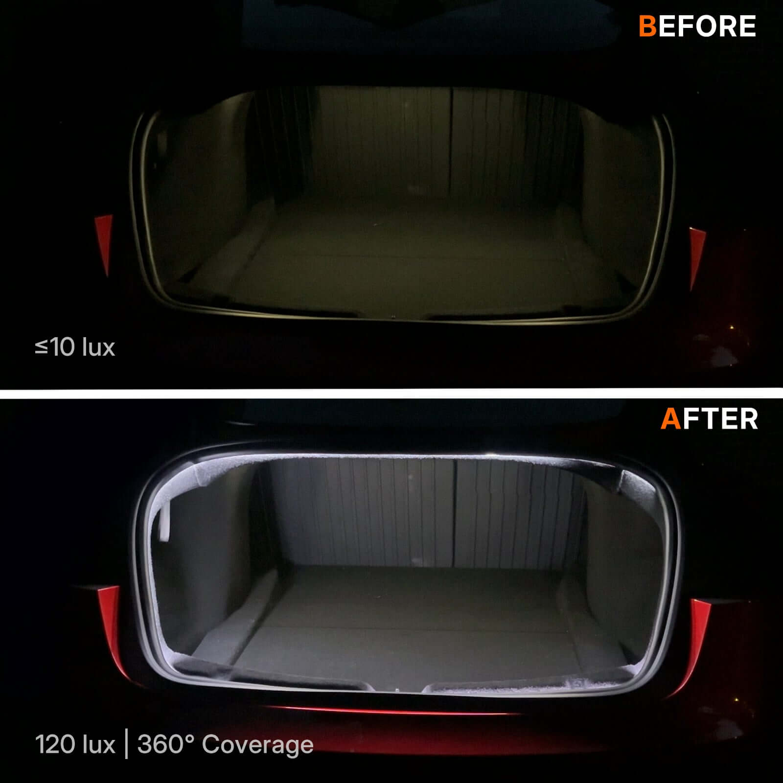 Before and after Tesla Model 3 2024 Trunk Light Pro installation showing enhanced illumination