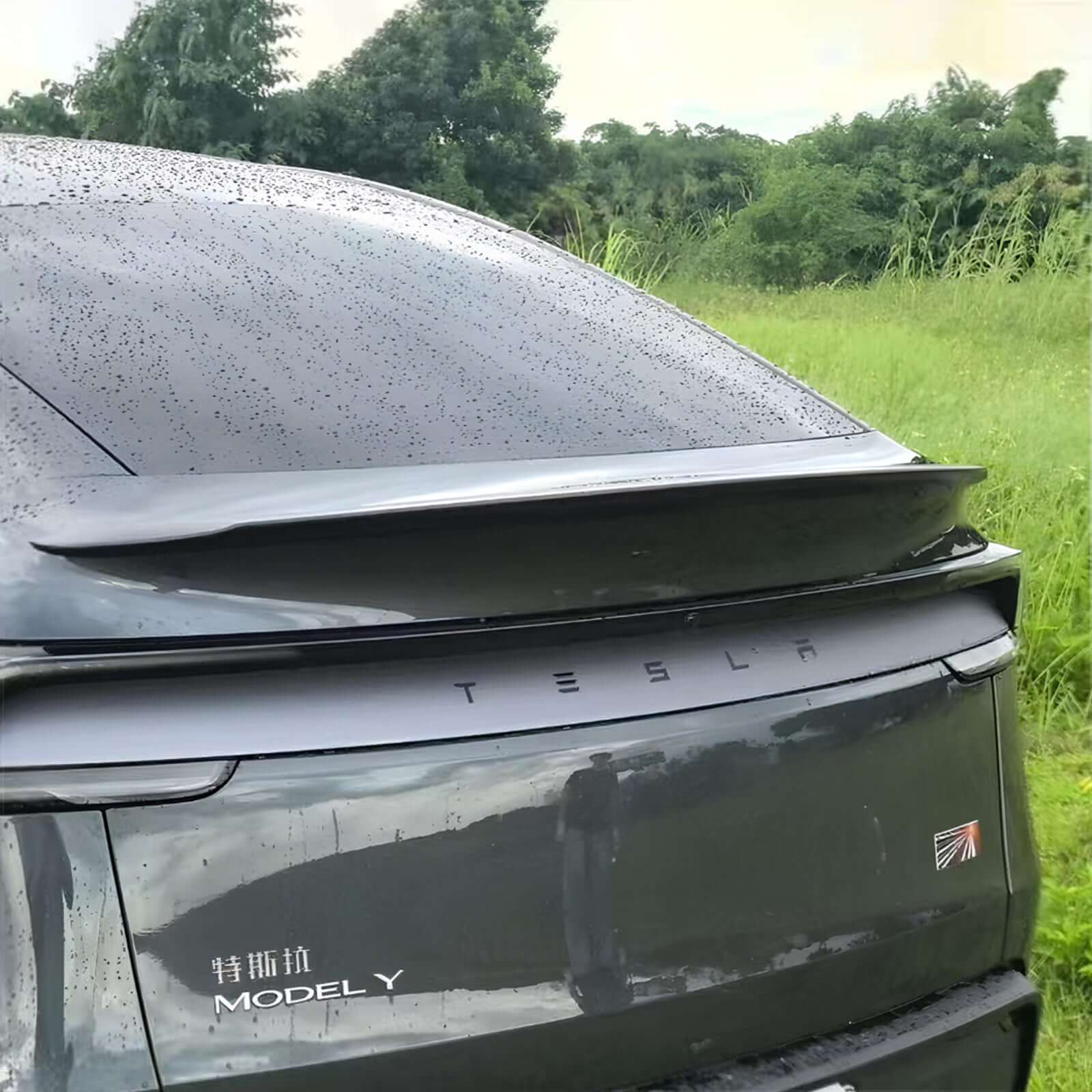 Close-up of Real Dry Carbon Spoiler for Tesla Model Y Juniper 2025 enhancing performance and aesthetics