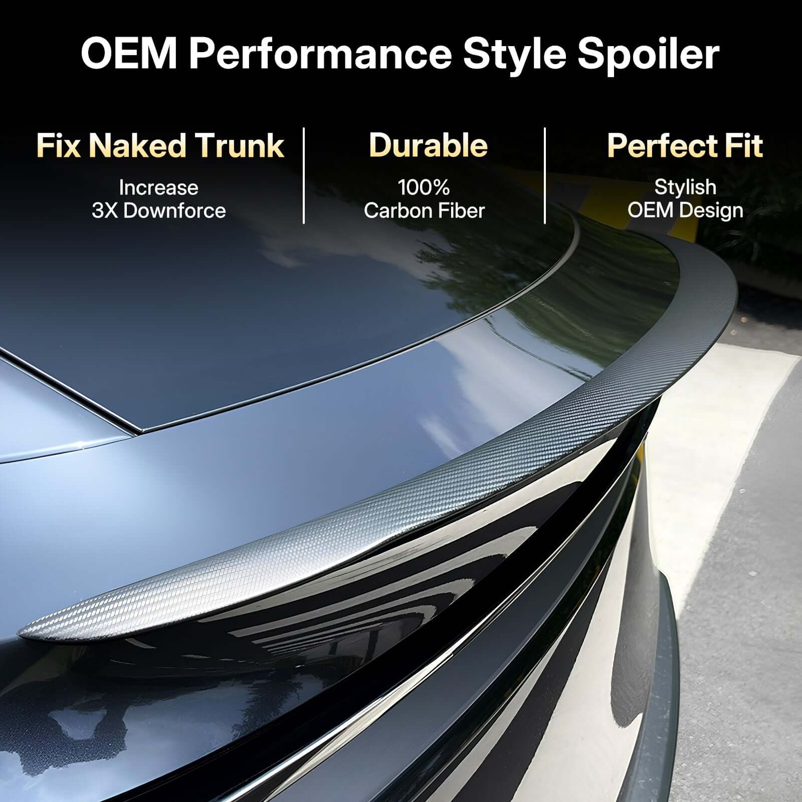 Close-up of Real Dry Carbon Spoiler for Tesla Model Y Juniper 2025 showing 3X downforce and OEM performance design