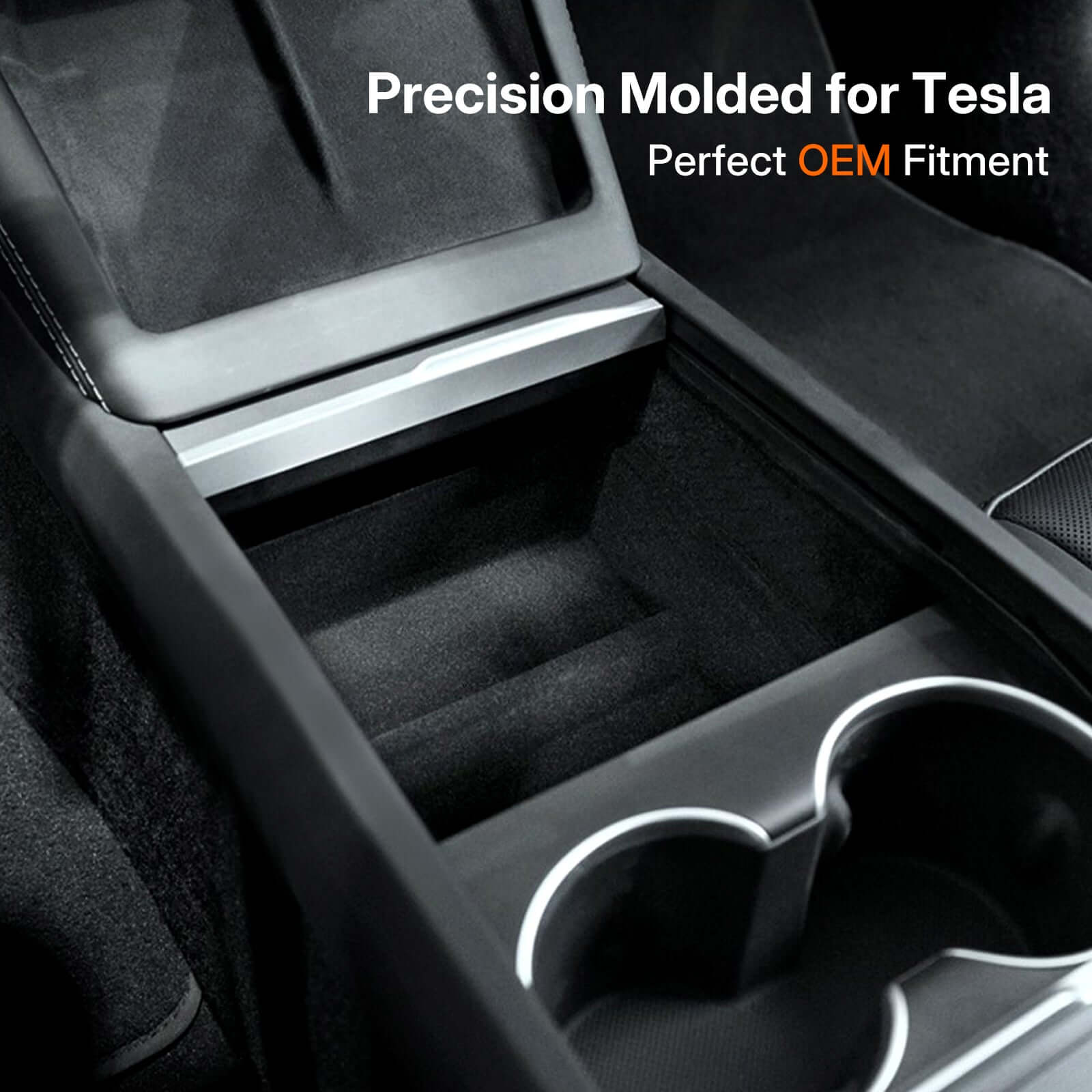 Detail view of Tesla Model 3 Highland 2024 & Model Y Juniper 2025 Velvet Armrest Organizer showing precision molded fit