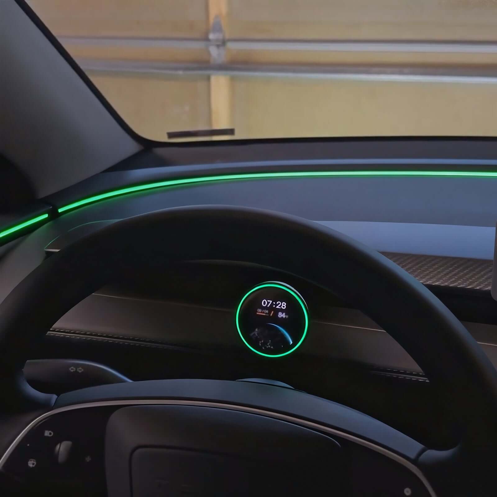 Tesla Model Y Juniper 2025 HUD Display - Wireless OLED Instrument Cluster showing dashboard features in ambient lighting