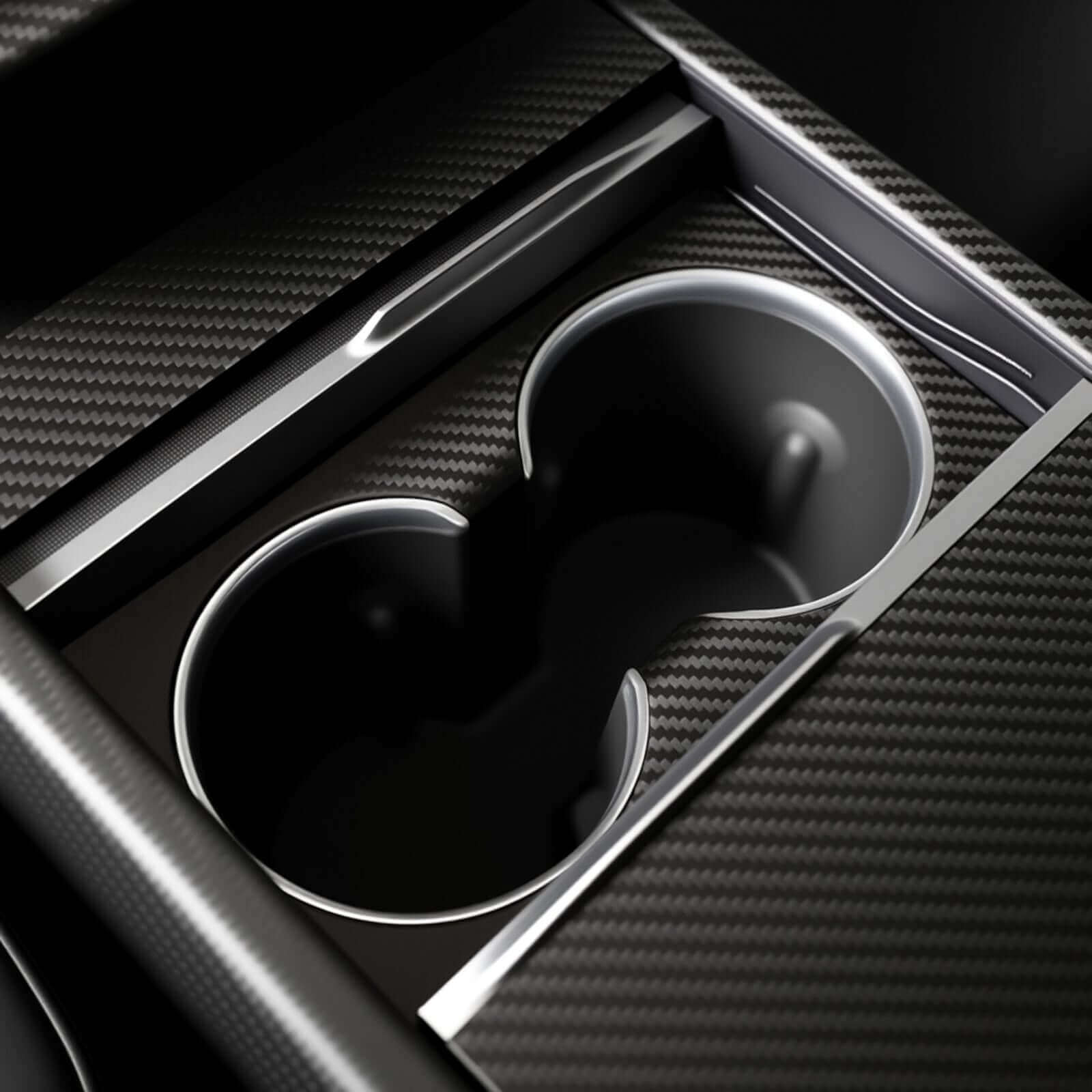 Close-up of real carbon fiber center console cover for Tesla Model 3 Highland 2024 & Model Y Juniper 2025 showing premium finish.