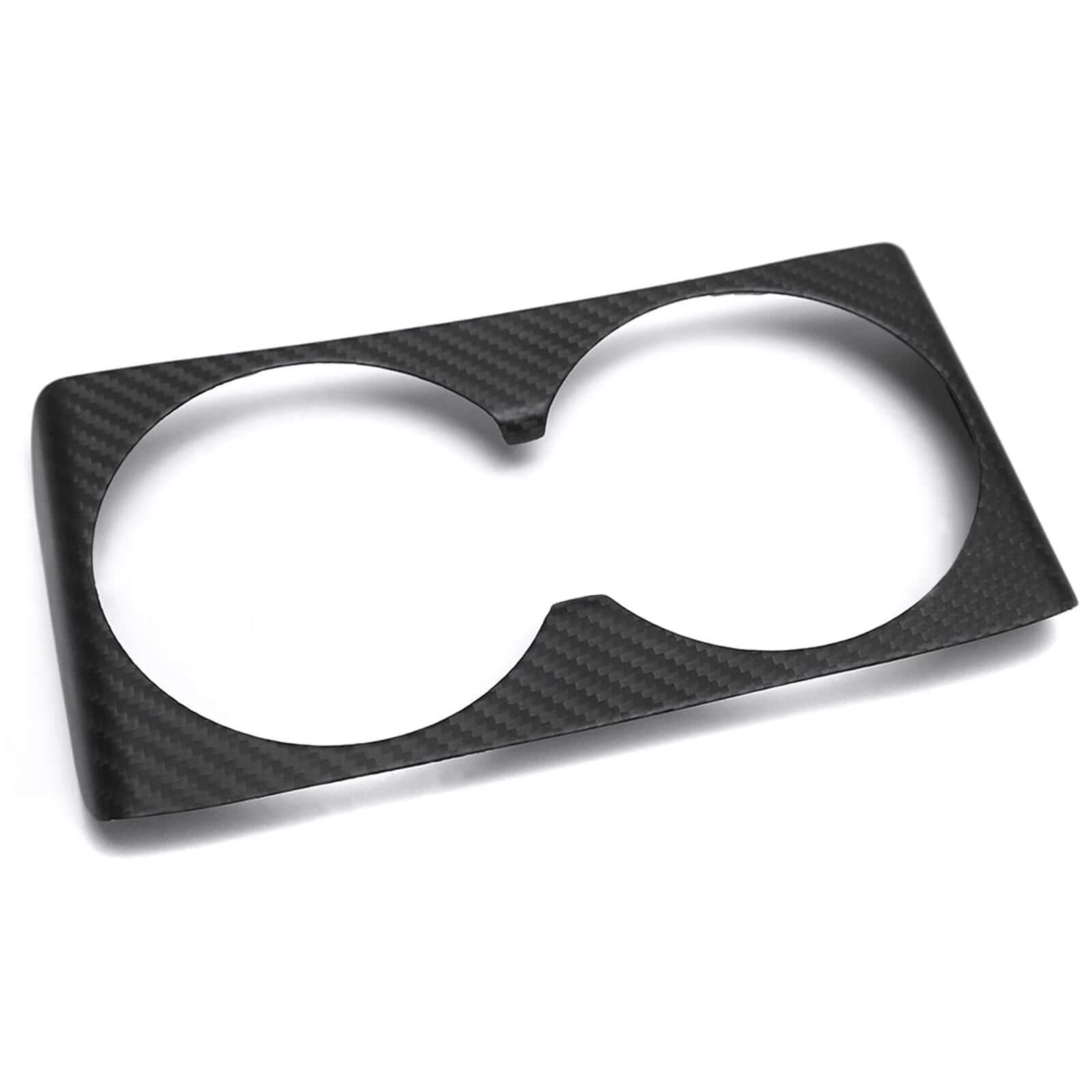 Close-up of real carbon fiber center console cover for Tesla Model 3 Highland 2024 & Model Y Juniper 2025 showing premium texture and matte finish