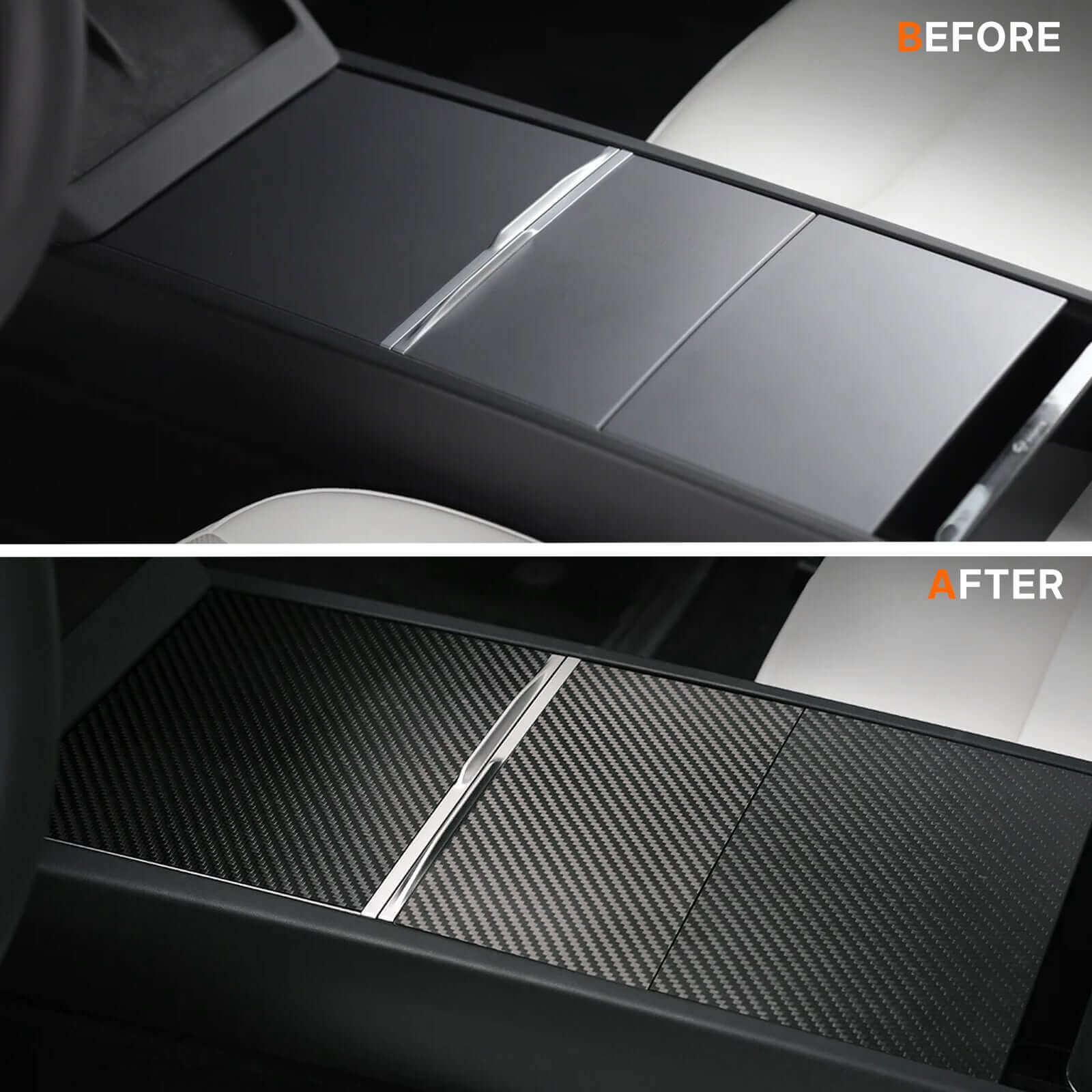 Before and after Real Carbon Fiber Center Console Cover for Tesla Model 3 Highland 2024 & Model Y Juniper 2025 installation