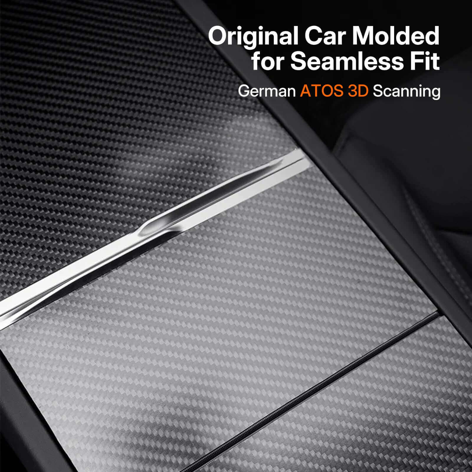 Close-up of real carbon fiber texture on Tesla Model 3 Highland & Model Y Juniper 2025 center console cover showing premium quality detail