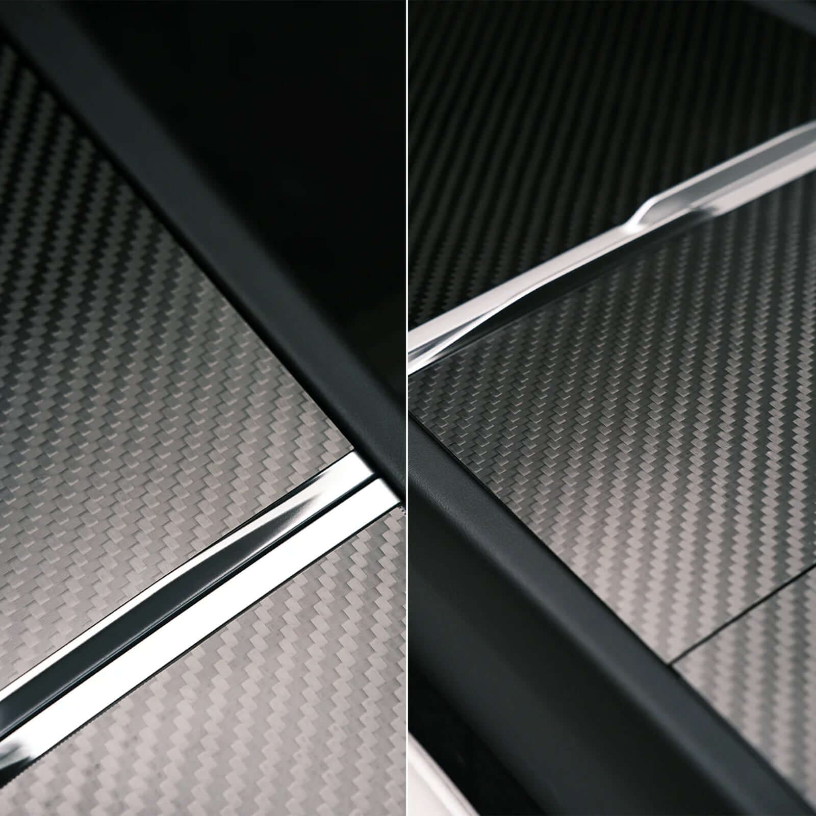 Close-up of real carbon fiber texture on center console cover for Tesla Model 3 Highland 2024 & Model Y Juniper 2025