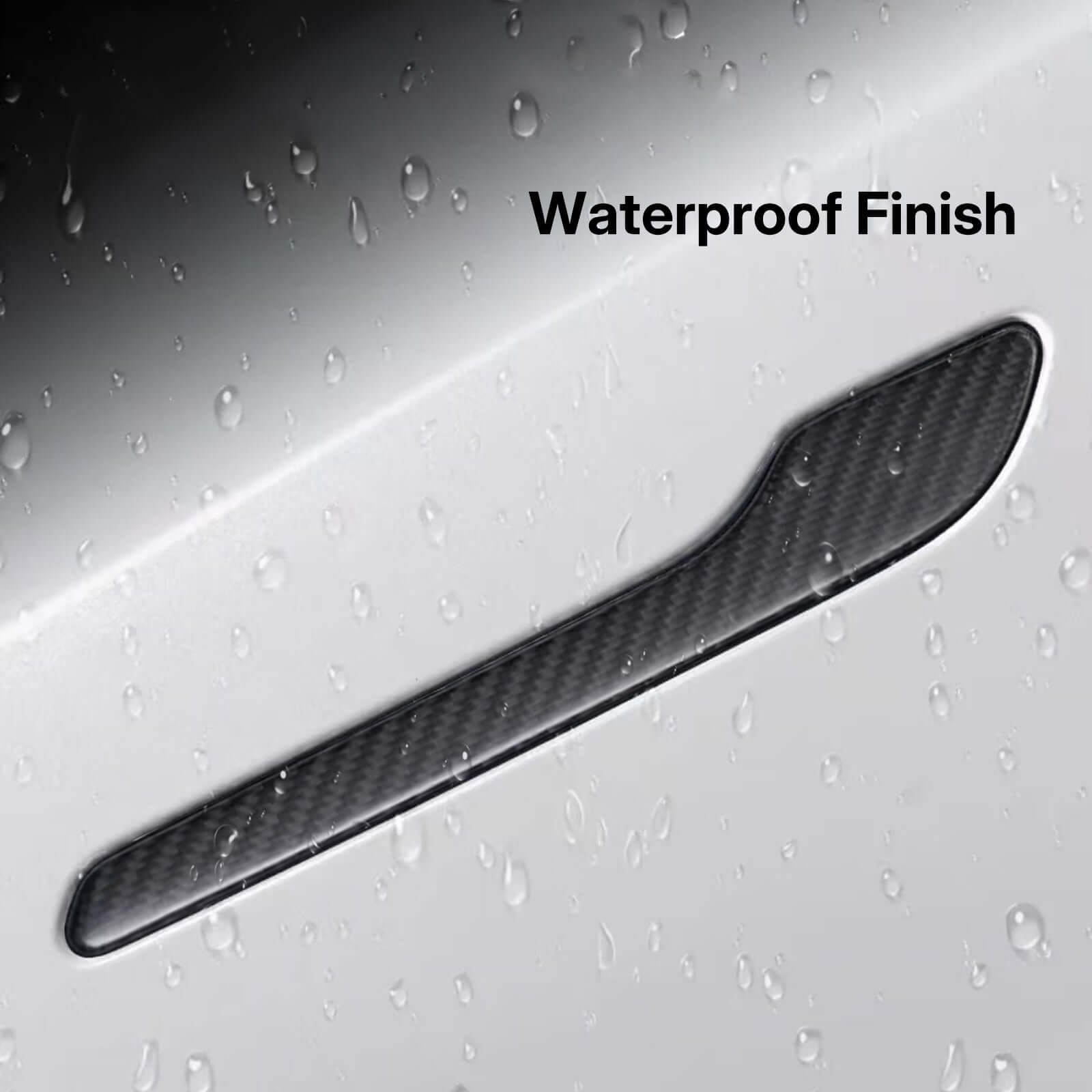 Close-up of Real Dry Carbon Fiber Door Handle Cover Kit for Tesla Model 3 Highland 2024 & Model Y Juniper 2025 showing waterproof finish detail.