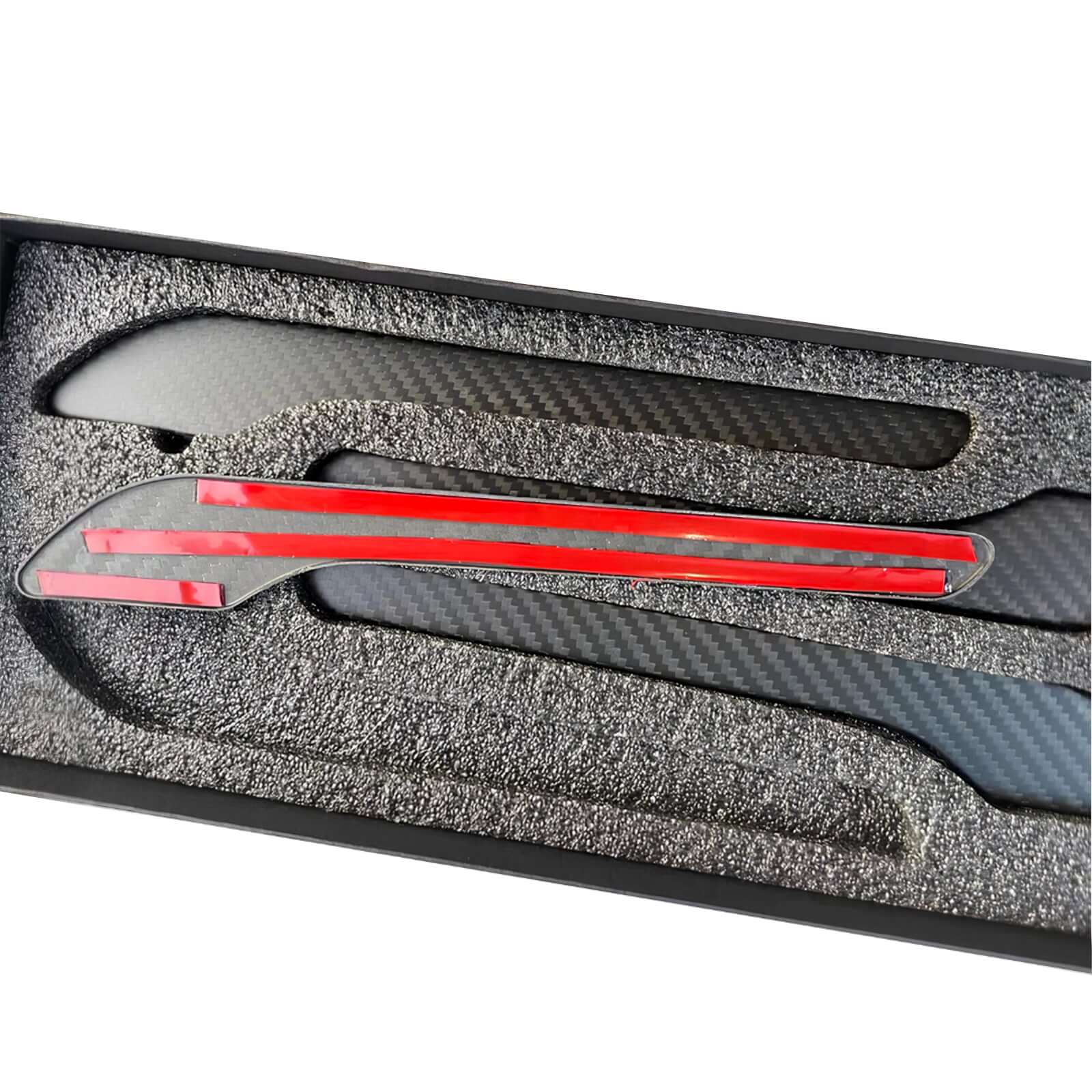 Real Dry Carbon Fiber Door Handle Cover Kit for Tesla Model 3 Highland 2024 & Y Juniper 2025 in premium packaging with foam insert