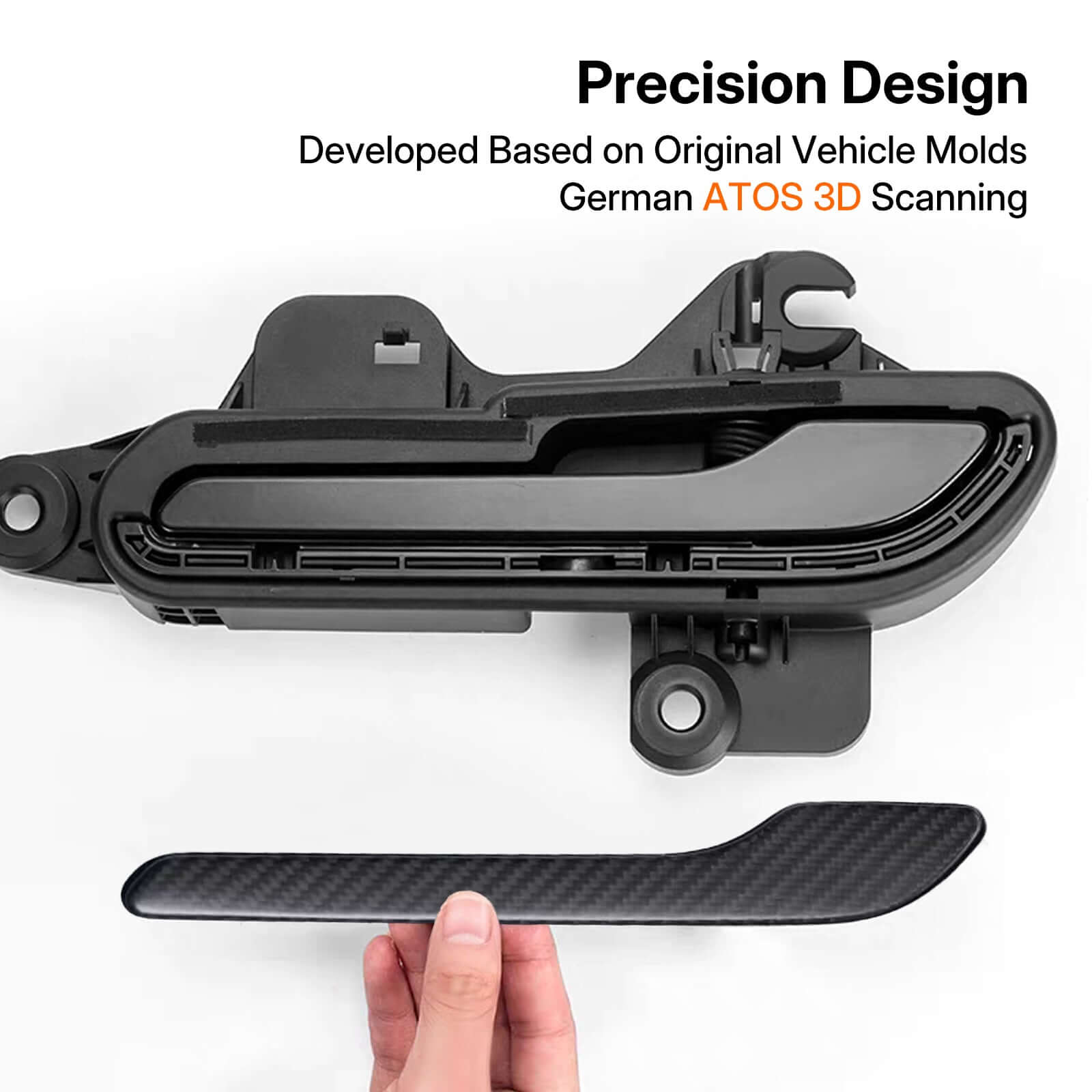 Detail of Real Dry Carbon Fiber Door Handle Cover Kit for Tesla Model 3 Highland 2024 & Model Y Juniper 2025 showing OEM precision design