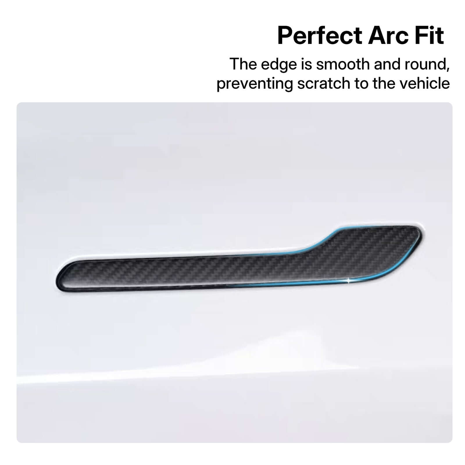 Close-up of Real Dry Carbon Fiber Door Handle Cover Kit for Tesla Model 3 Highland 2024 & Model Y Juniper 2025 showing perfect arc fit and smooth edges
