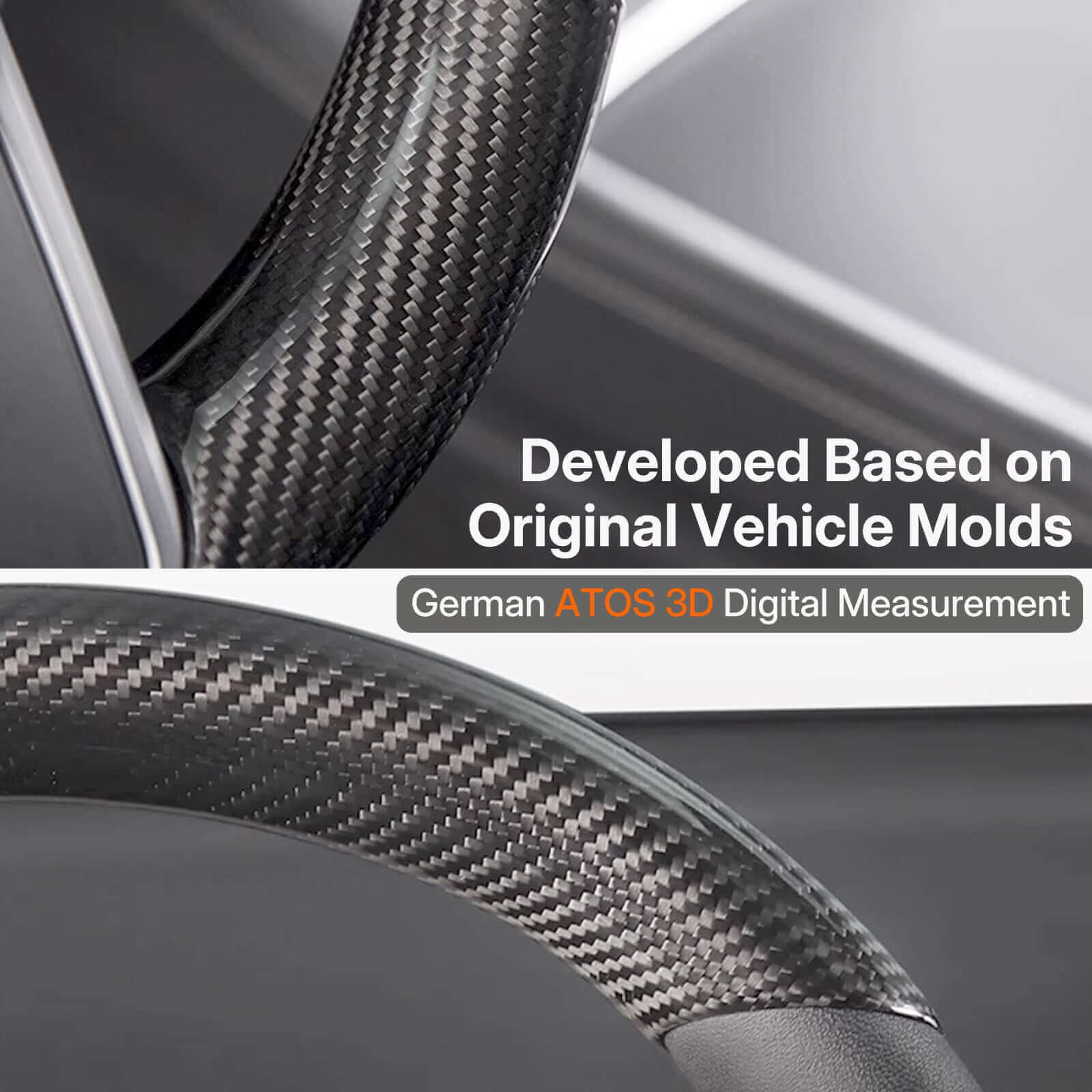 Close-up of real carbon fiber texture on steering wheel trim for Tesla Model 3 Highland 2024 & Y Juniper 2025, showing premium quality.