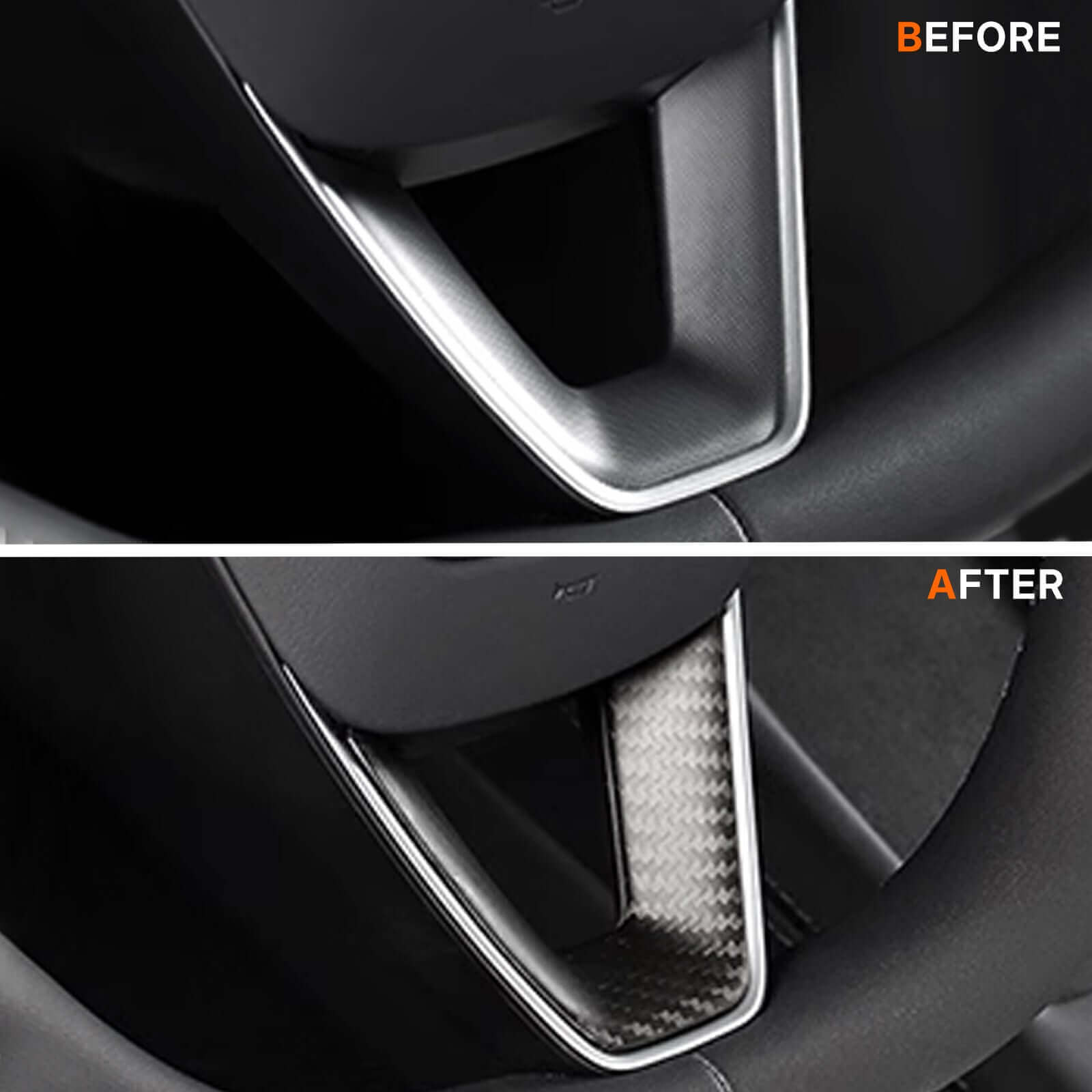 Before and after Real Dry Carbon Fiber Steering Wheel Trim Cover Kit installation on Tesla Model 3 Highland 2024 & Model Y Juniper 2025