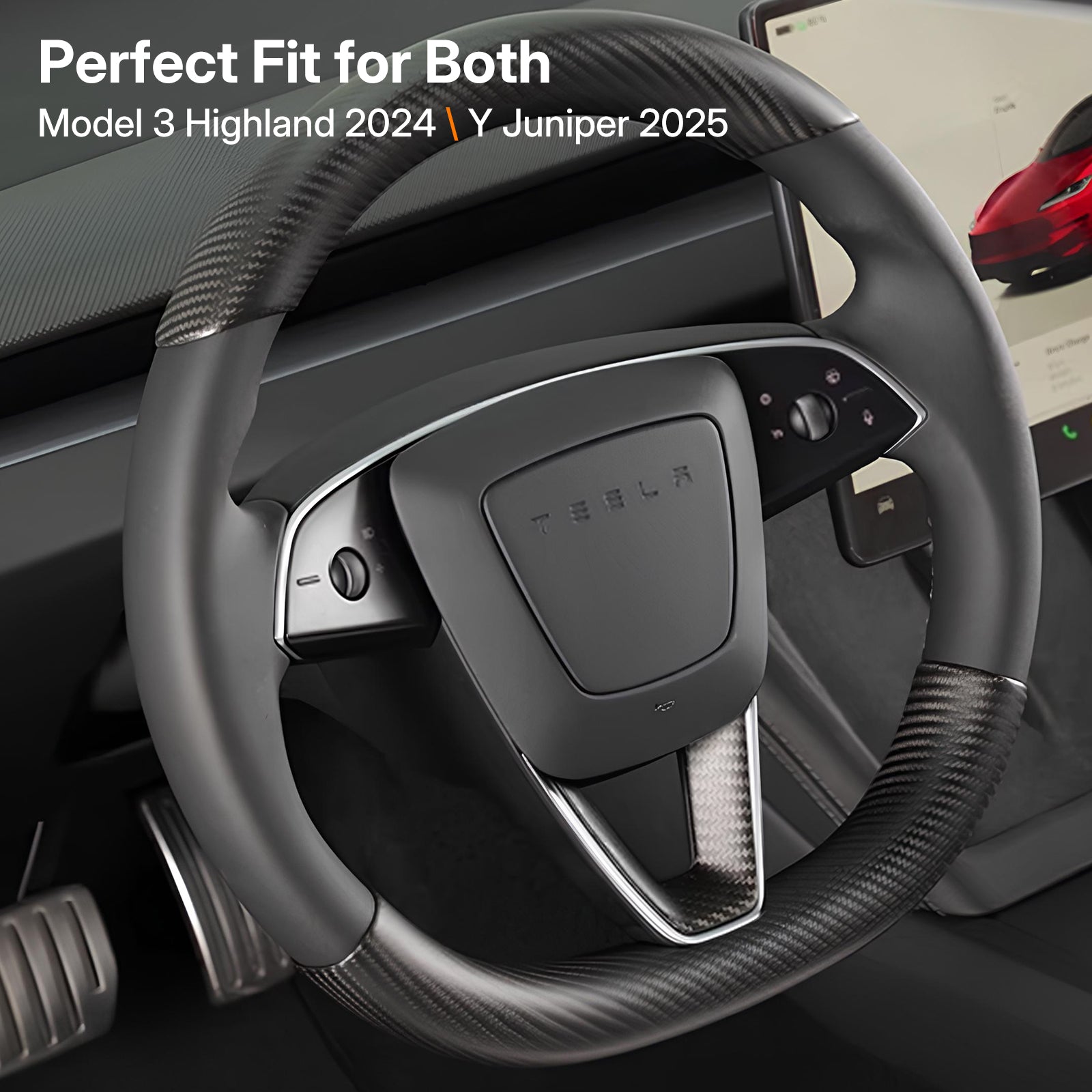 Real Dry Carbon Fiber Steering Wheel Trim Cover Kit for Tesla Model 3 Highland 2024 & Y Juniper 2025 - OEM Factory Fit | Snap On Design