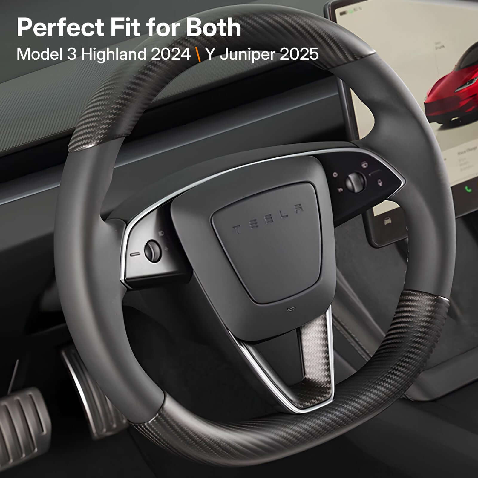 Tesla Model 3 Highland 2024 carbon fiber steering wheel trim in premium finish