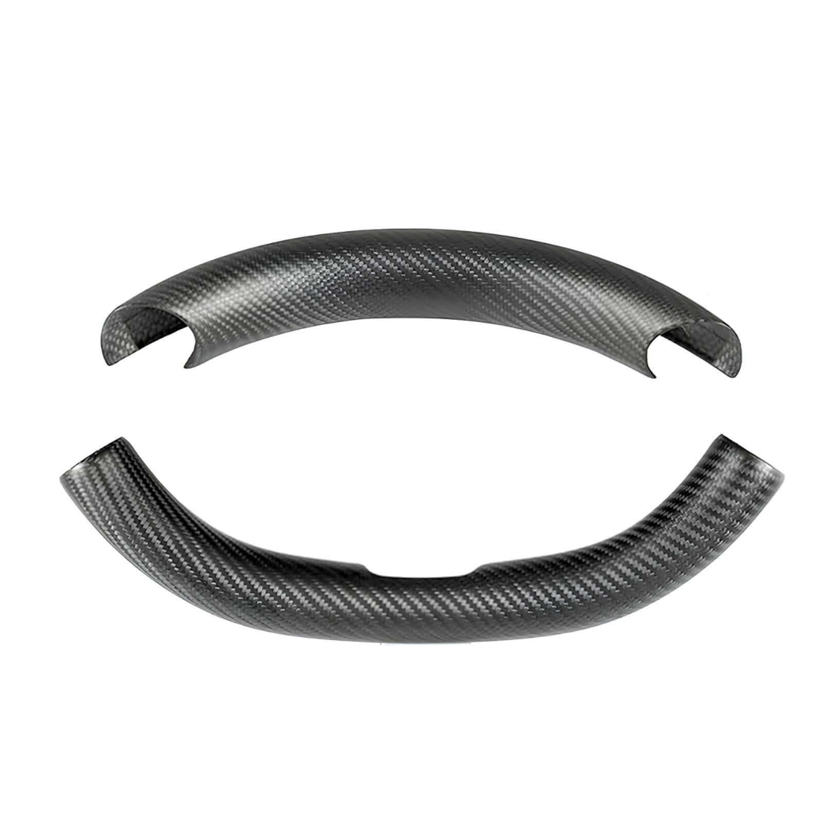 Close-up of Real Dry Carbon Fiber Steering Wheel Trim Cover Kit for Tesla Model 3 Highland 2024 & Y Juniper 2025 showing premium material texture