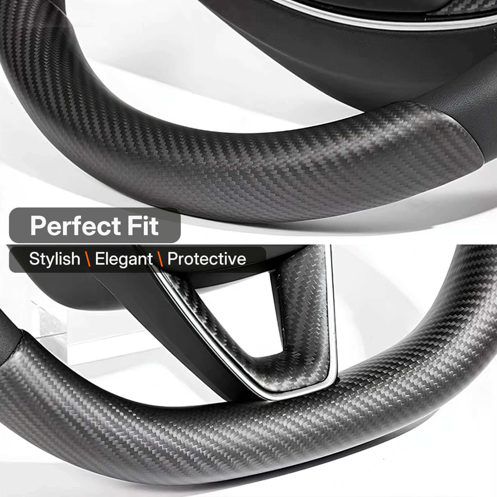 Close-up of Real Dry Carbon Fiber Steering Wheel Trim Cover Kit for Tesla Model 3 Highland 2024 & Model Y Juniper 2025 showing perfect fit and stylish design