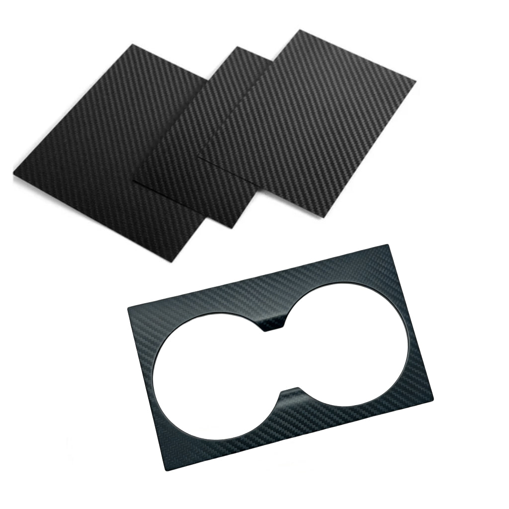 Close-up of real carbon fiber center console cover for Tesla Model 3 Highland 2024 & Model Y Juniper 2025 showing quality detail