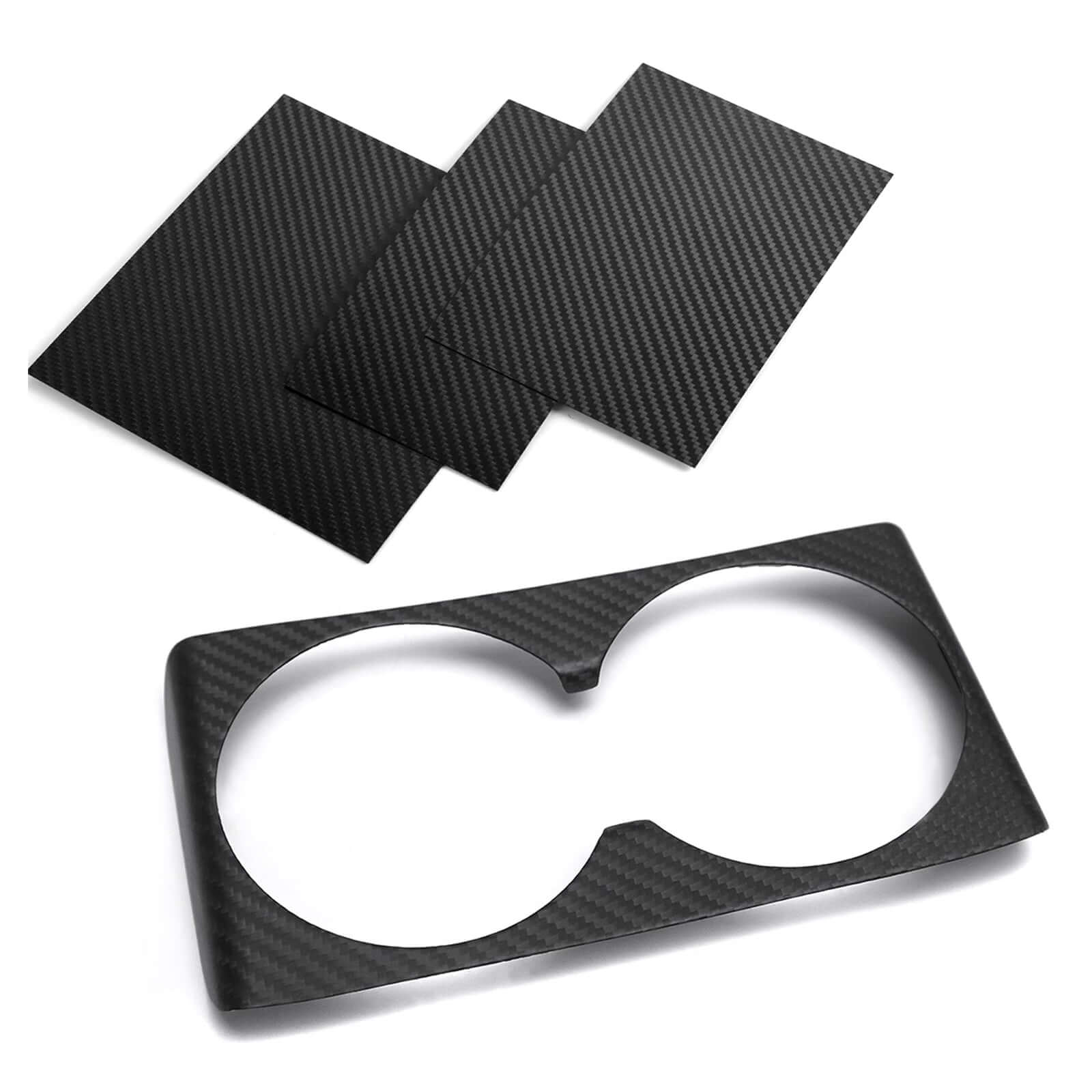 Close-up of real carbon fiber center console cover for Tesla Model 3 Highland 2024 & Model Y Juniper 2025 showing quality detail